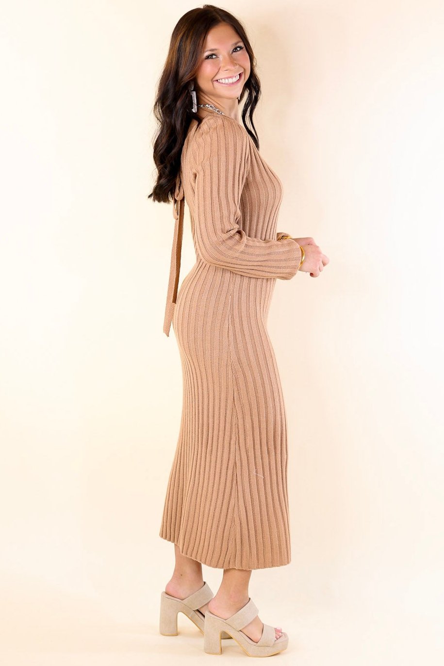 Pumpkin Spice Weather V Neck Midi Sweater Dress in Clay Nude