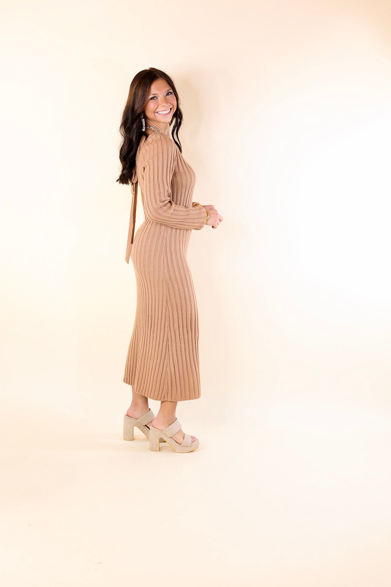 Pumpkin Spice Weather V Neck Midi Sweater Dress in Clay Nude