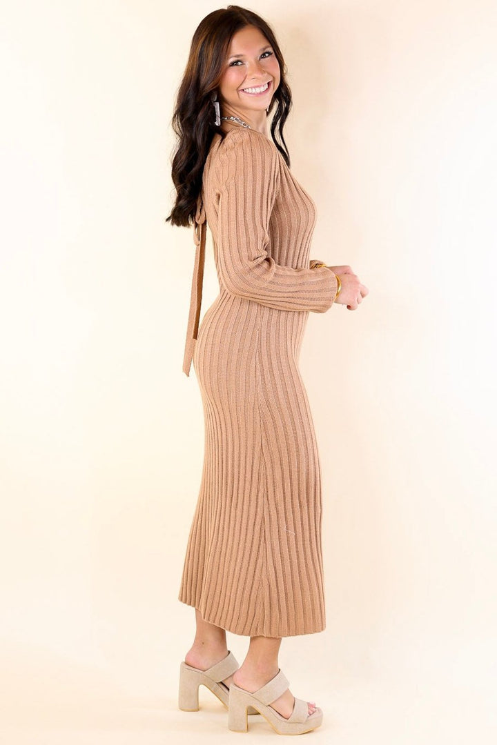 Pumpkin Spice Weather V Neck Midi Sweater Dress in Clay Nude