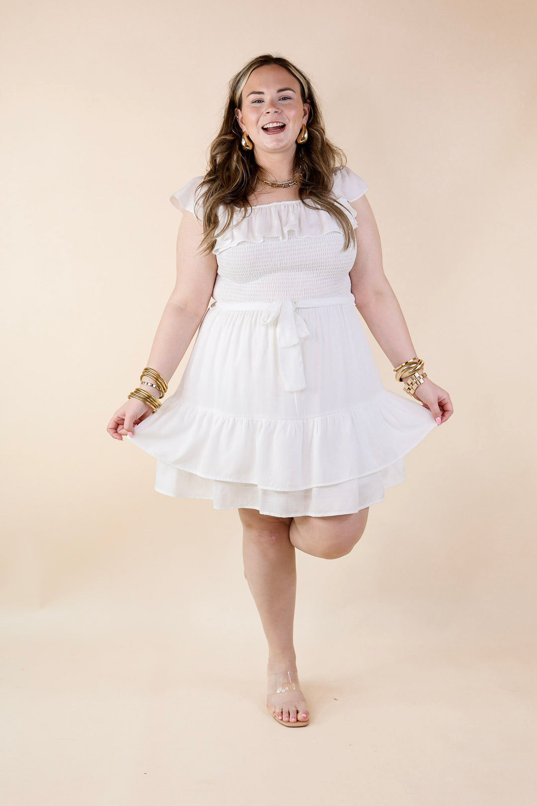 Feeling Refined Ruffle Tiered Dress with Smocked Bodice in Ivory - Giddy Up Glamour Boutique