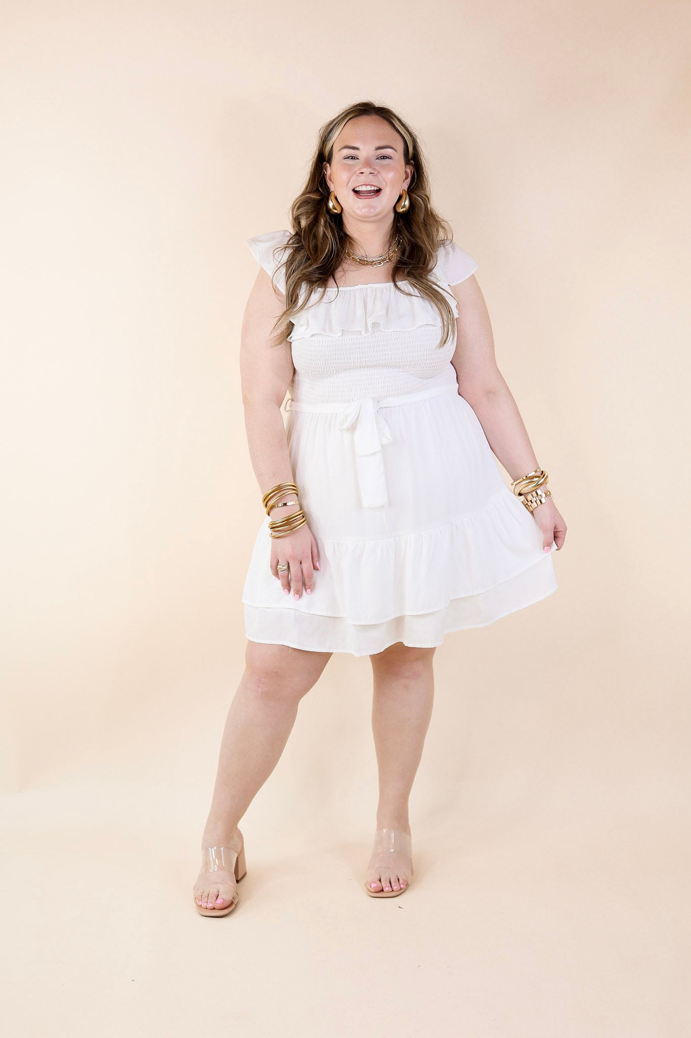 Feeling Refined Ruffle Tiered Dress with Smocked Bodice in Ivory - Giddy Up Glamour Boutique