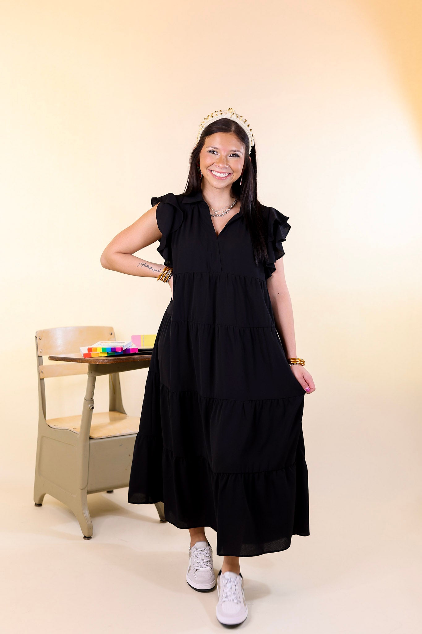 All Of A Sudden Tiered Midi Dress with Ruffle Cap Sleeves in Black