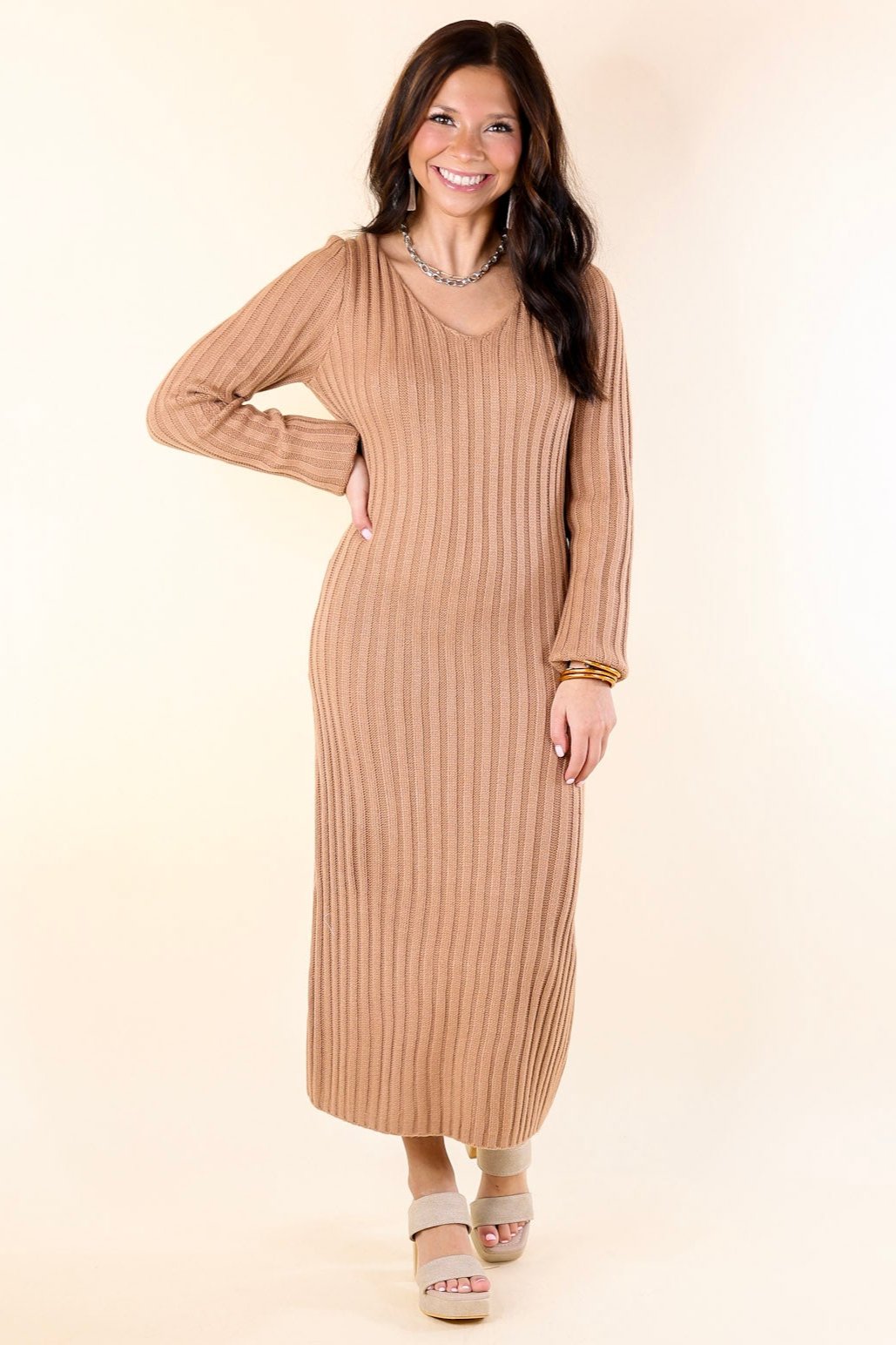 Pumpkin Spice Weather V Neck Midi Sweater Dress in Clay Nude