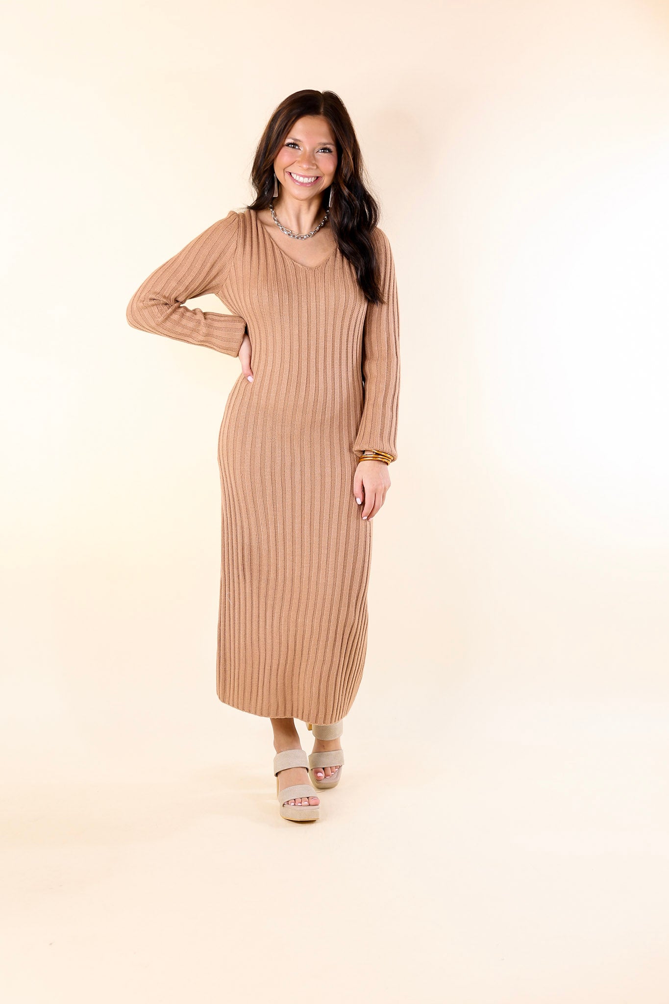 Pumpkin Spice Weather V Neck Midi Sweater Dress in Clay Nude