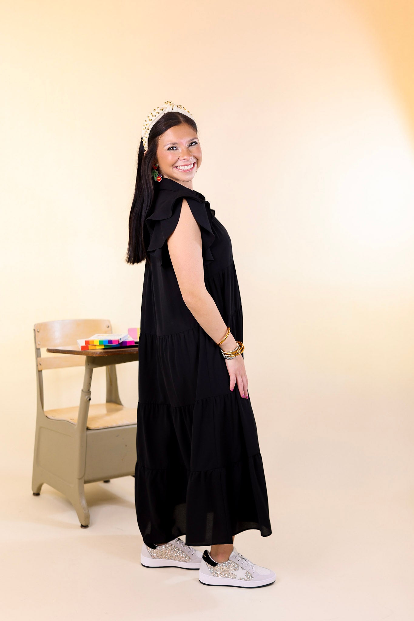 All Of A Sudden Tiered Midi Dress with Ruffle Cap Sleeves in Black