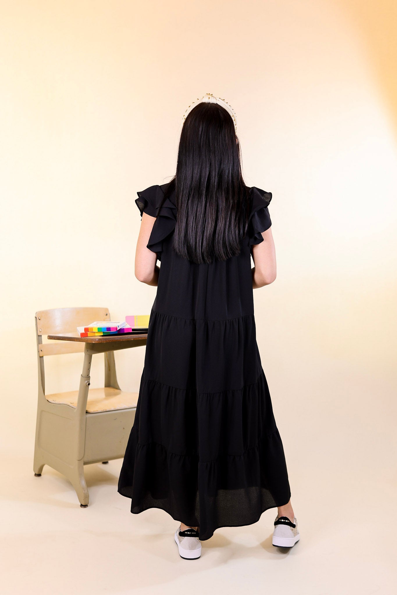 All Of A Sudden Tiered Midi Dress with Ruffle Cap Sleeves in Black