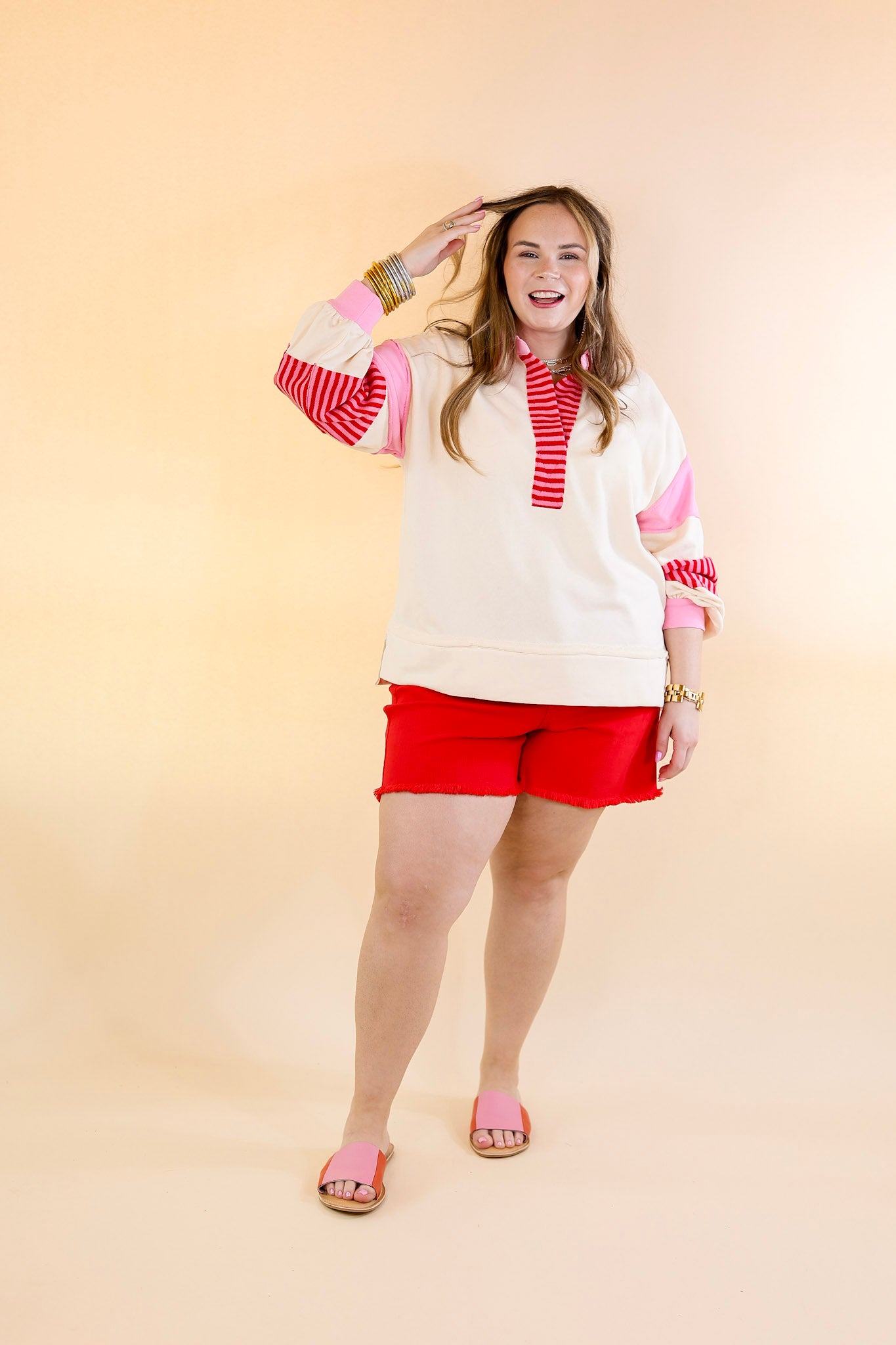 Chic Comfort Collared Long Sleeve Sweatshirt in Cream - Giddy Up Glamour Boutique