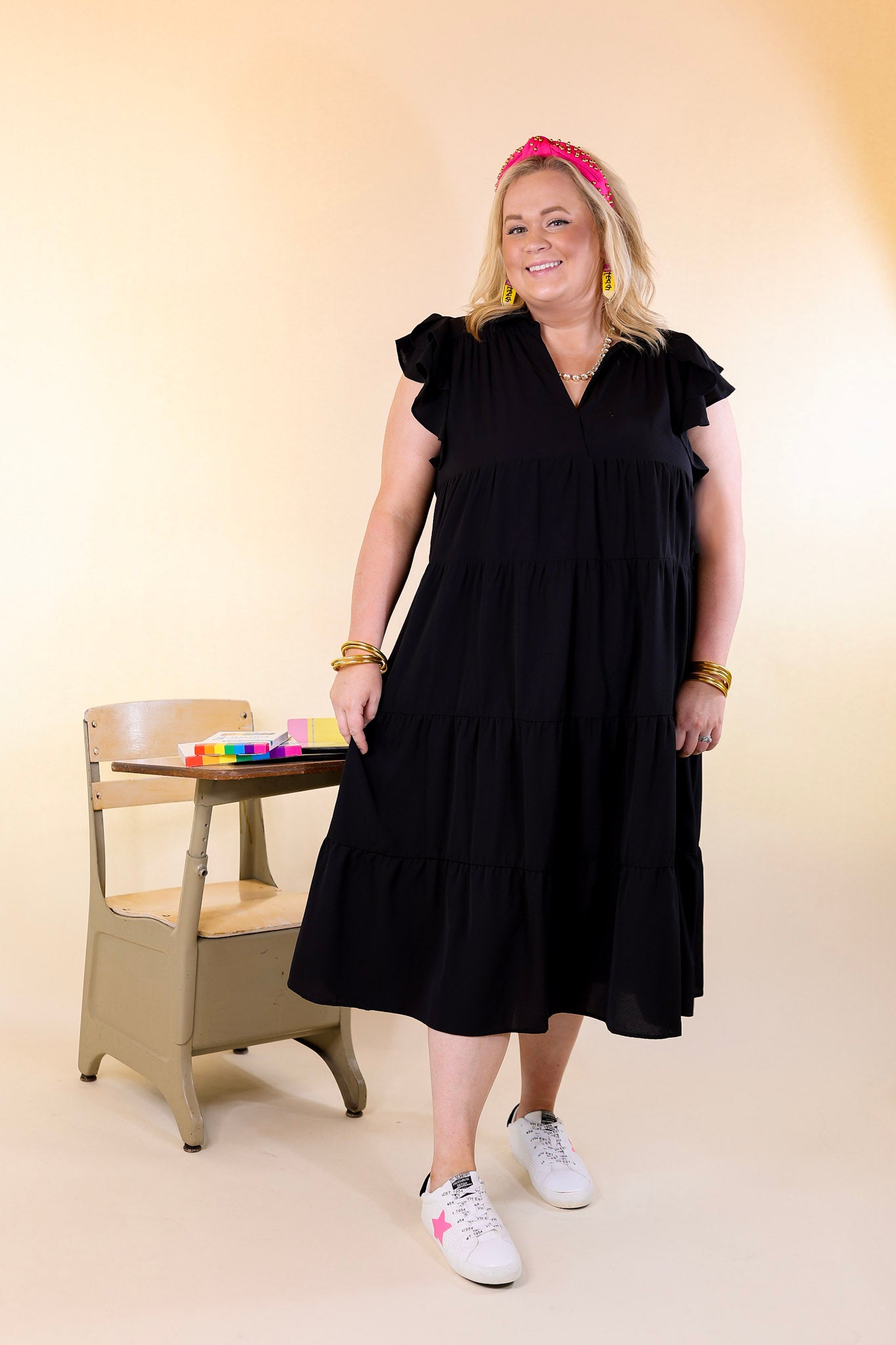 All Of A Sudden Tiered Midi Dress with Ruffle Cap Sleeves in Black