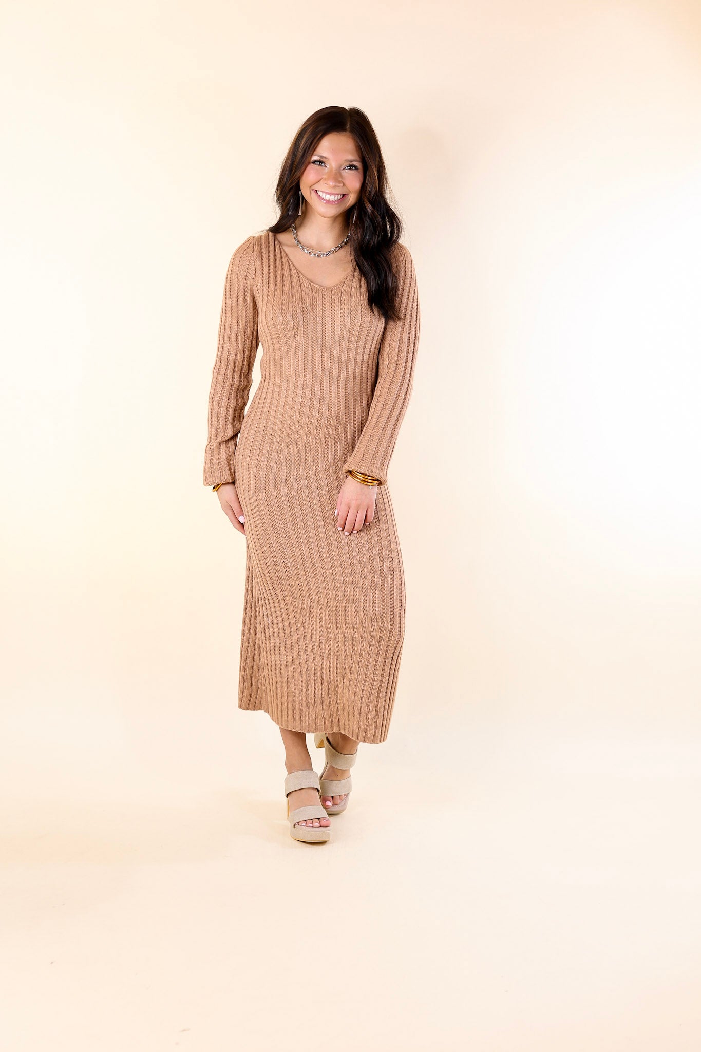 Pumpkin Spice Weather V Neck Midi Sweater Dress in Clay Nude