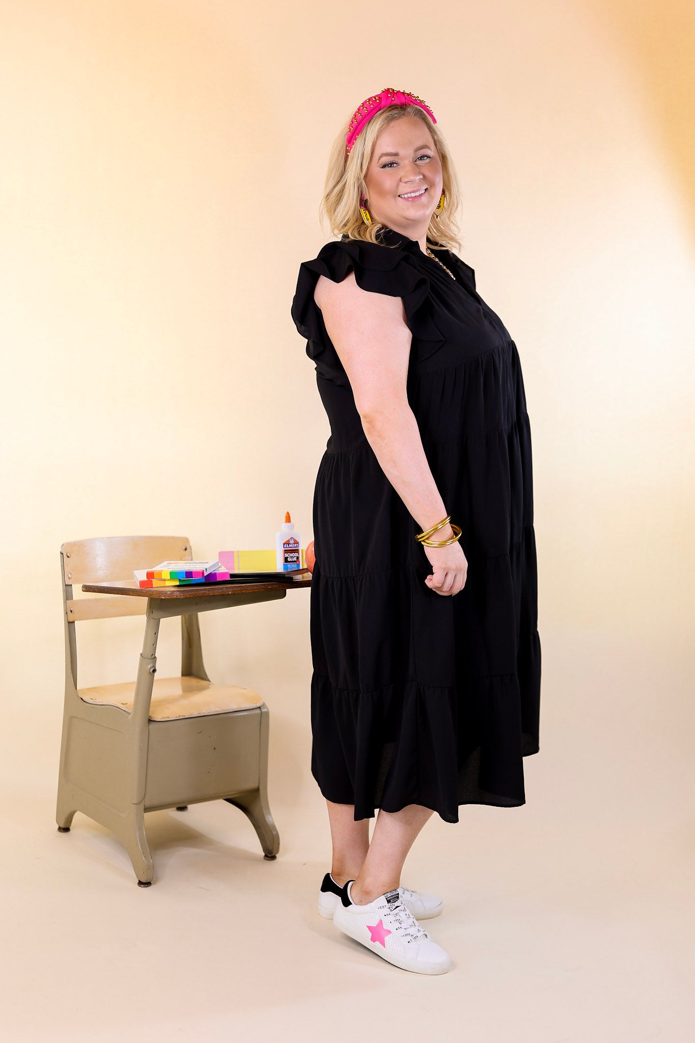 All Of A Sudden Tiered Midi Dress with Ruffle Cap Sleeves in Black