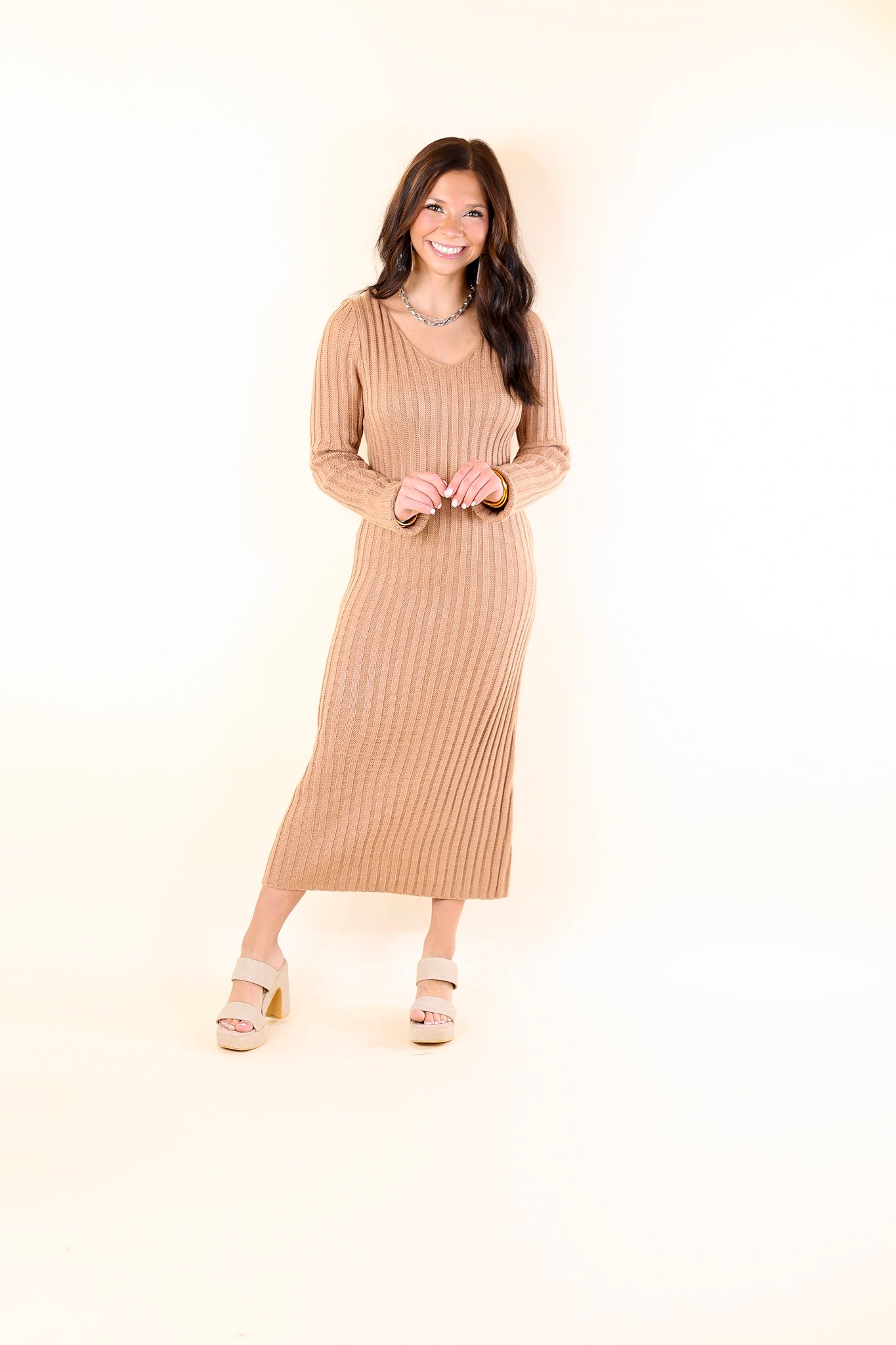 Pumpkin Spice Weather V Neck Midi Sweater Dress in Clay Nude