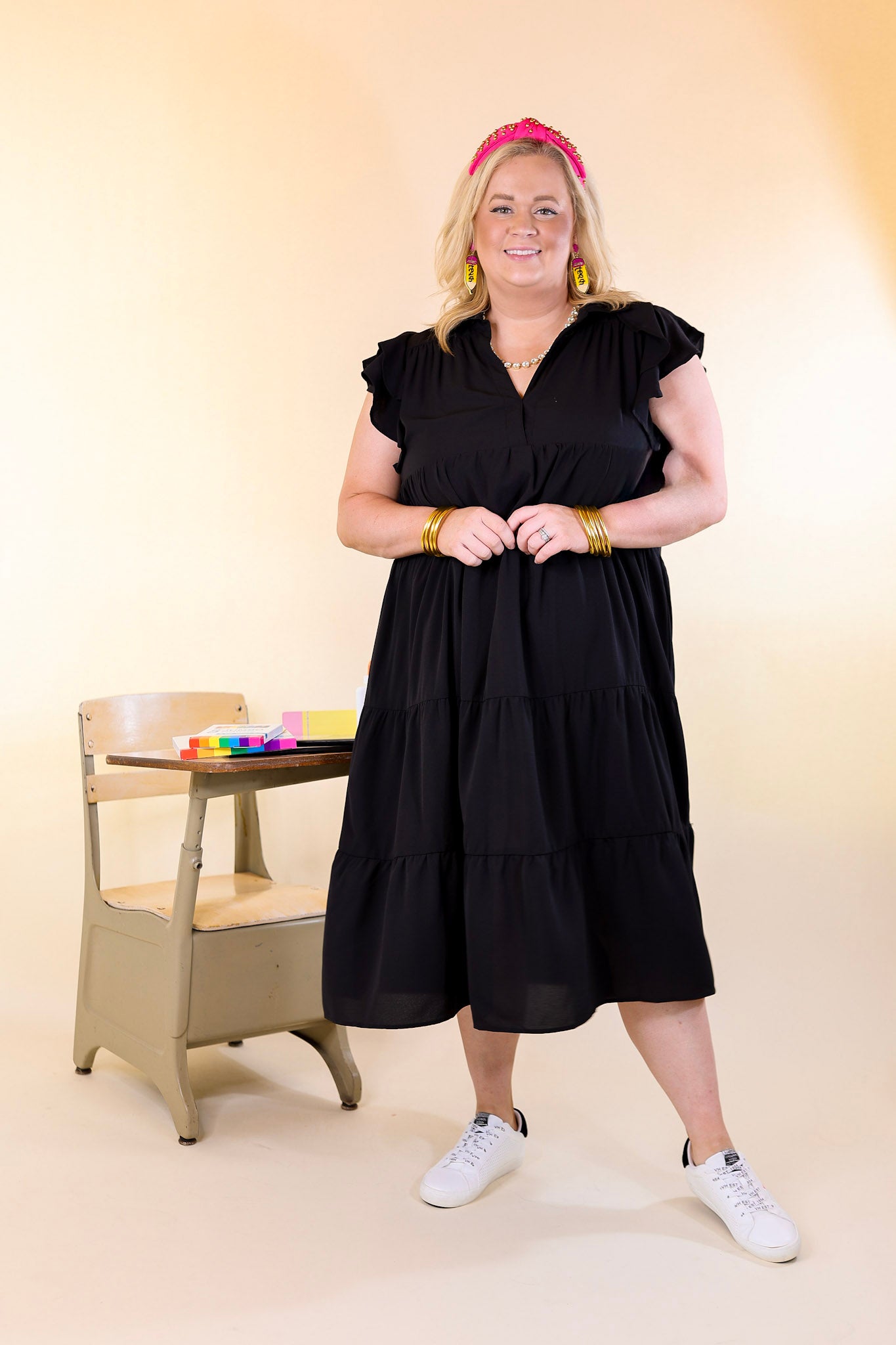 All Of A Sudden Tiered Midi Dress with Ruffle Cap Sleeves in Black