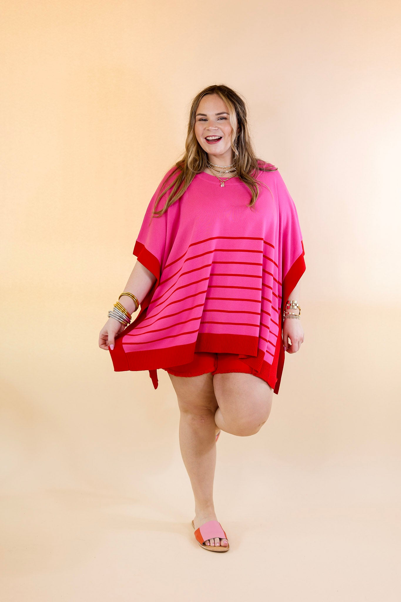 Casual to Chic Short Sleeve Striped Poncho Top in Pink and Red - Giddy Up Glamour Boutique