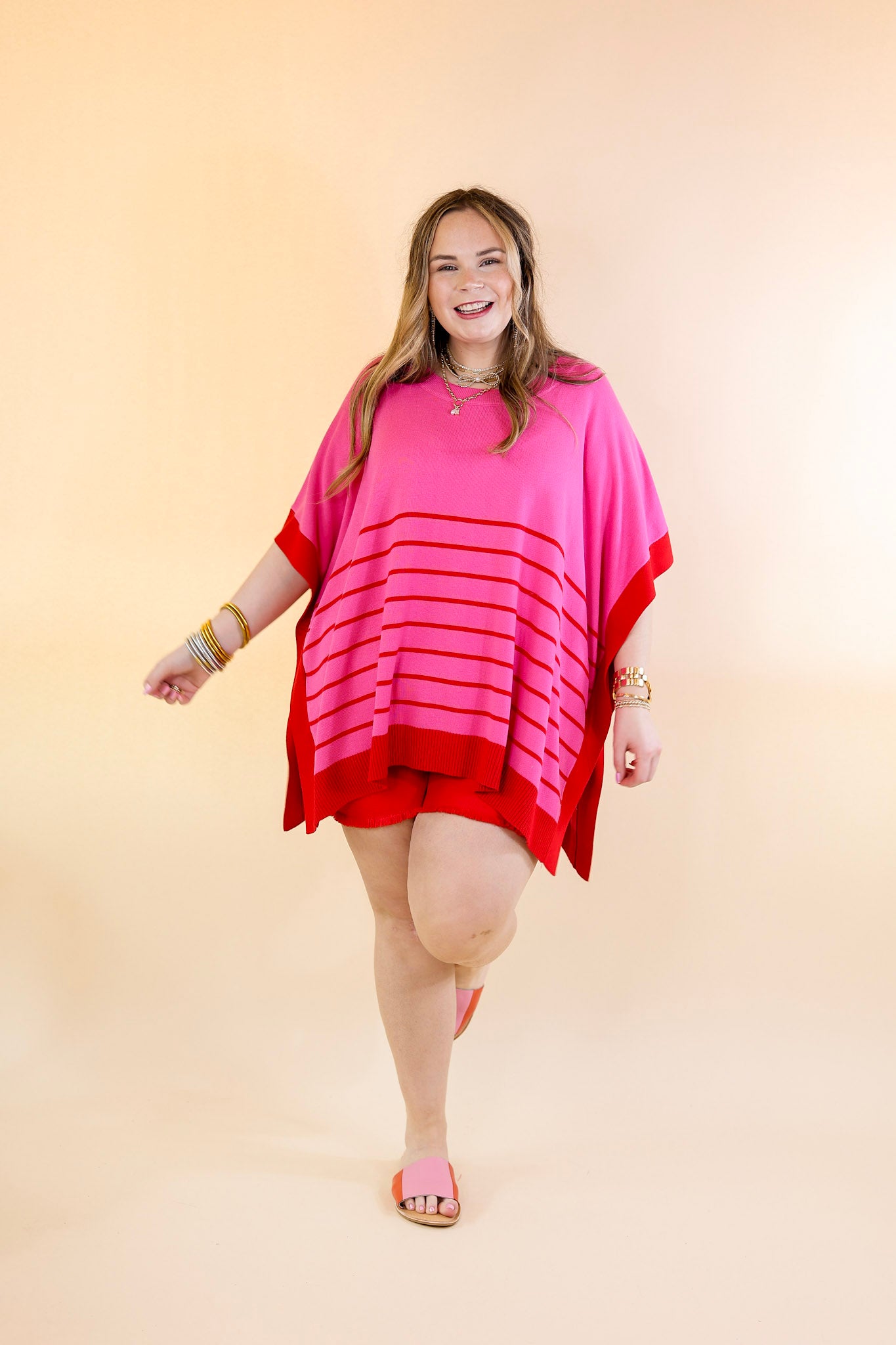 Casual to Chic Short Sleeve Striped Poncho Top in Pink and Red - Giddy Up Glamour Boutique