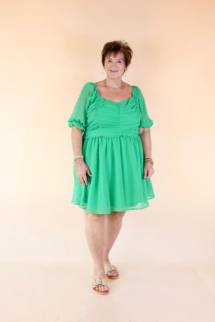 Favorite Adventure Swiss Dot Dress with Short Balloon Sleeves in Green