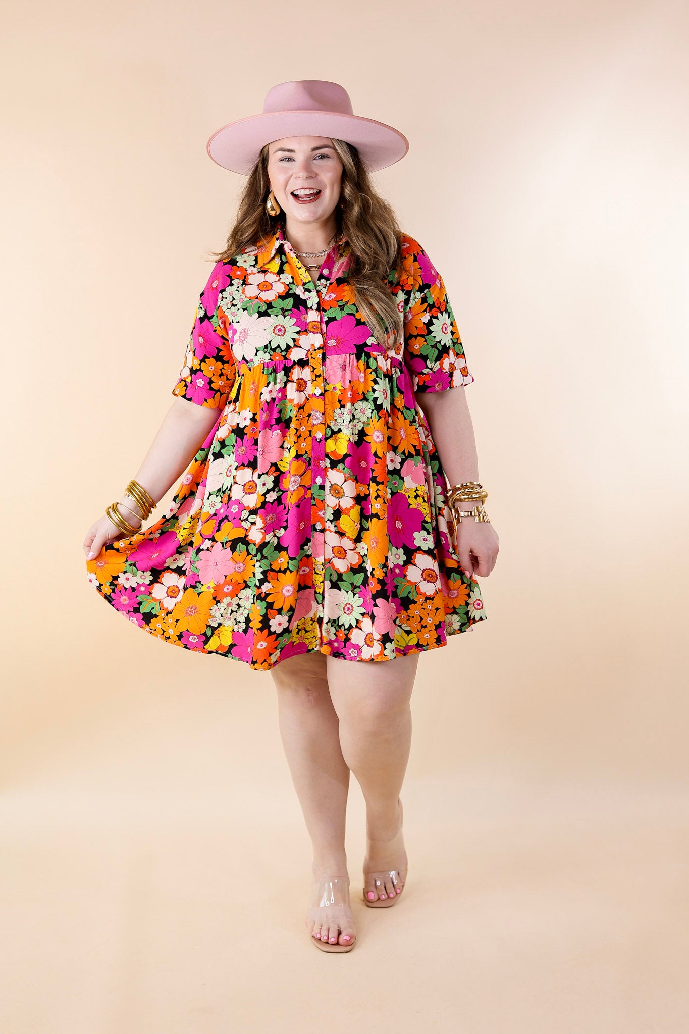 Ready To Flaunt Button Up Floral Print Dress in Orange and Pink Mix - Giddy Up Glamour Boutique
