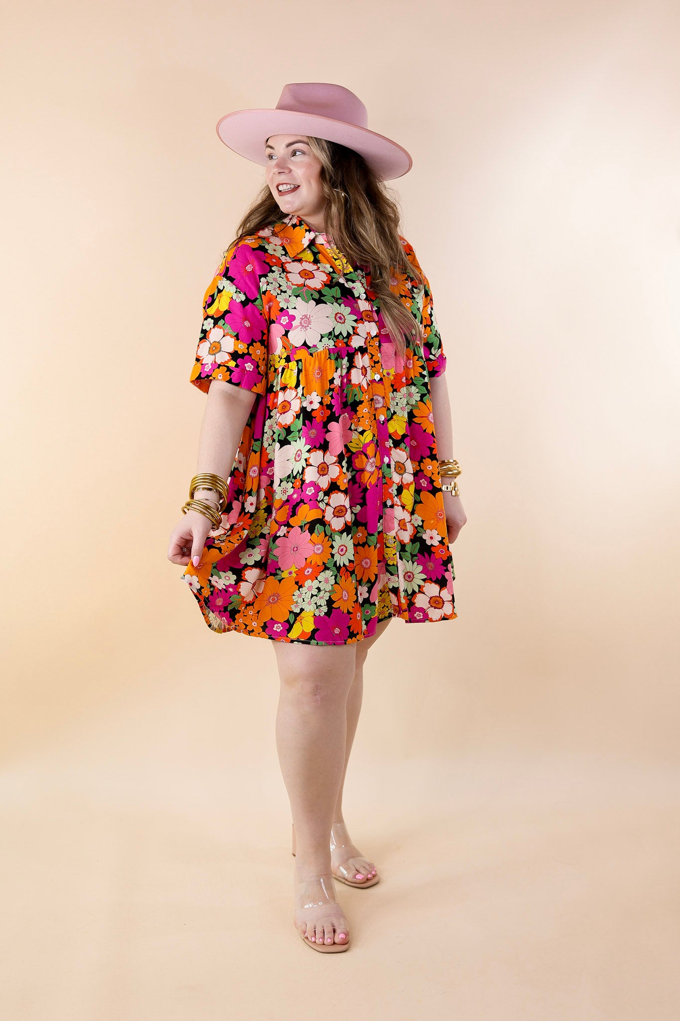 Ready To Flaunt Button Up Floral Print Dress in Orange and Pink Mix - Giddy Up Glamour Boutique