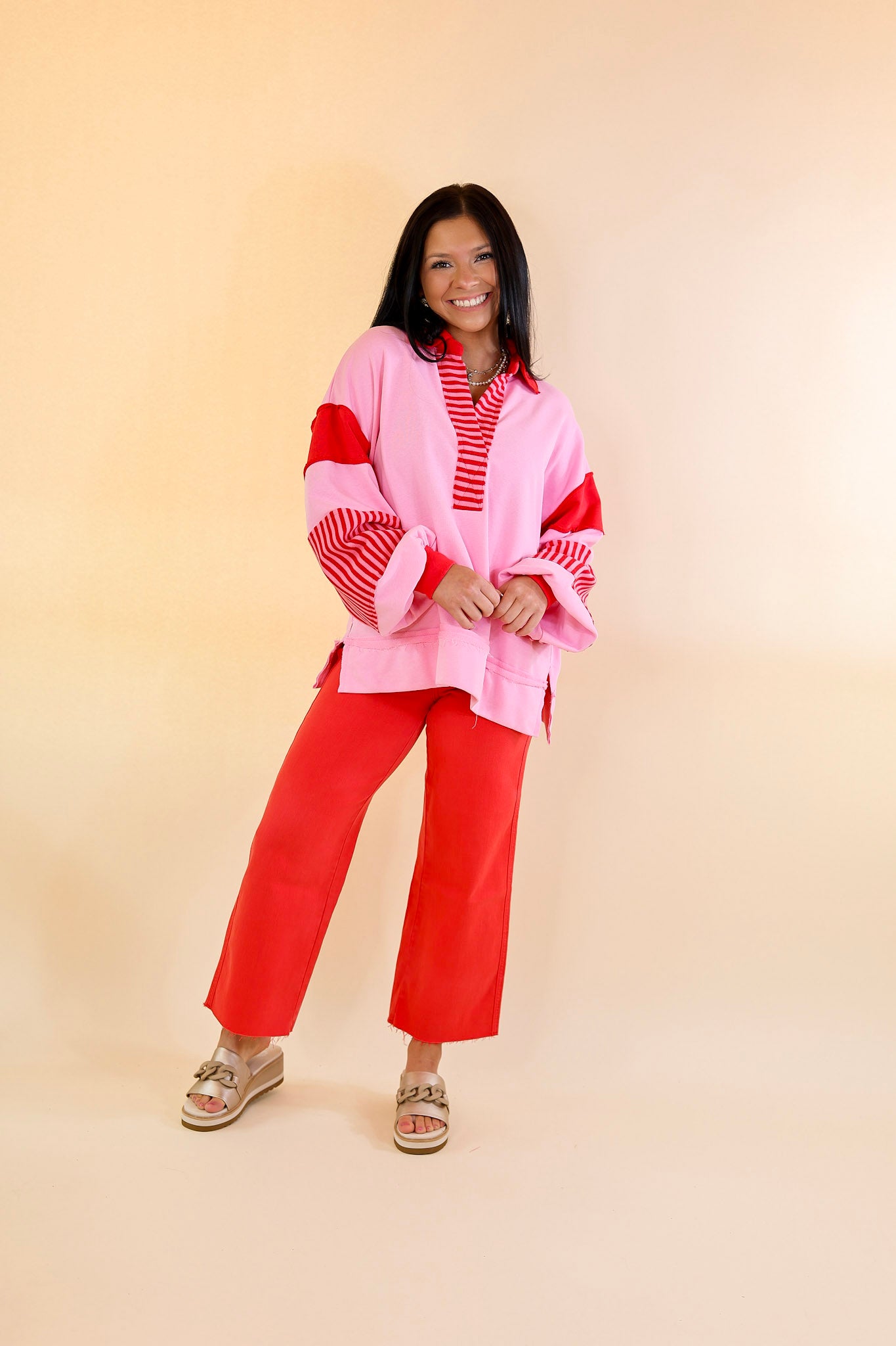 Chic Comfort Collared Long Sleeve Sweatshirt in Pink - Giddy Up Glamour Boutique