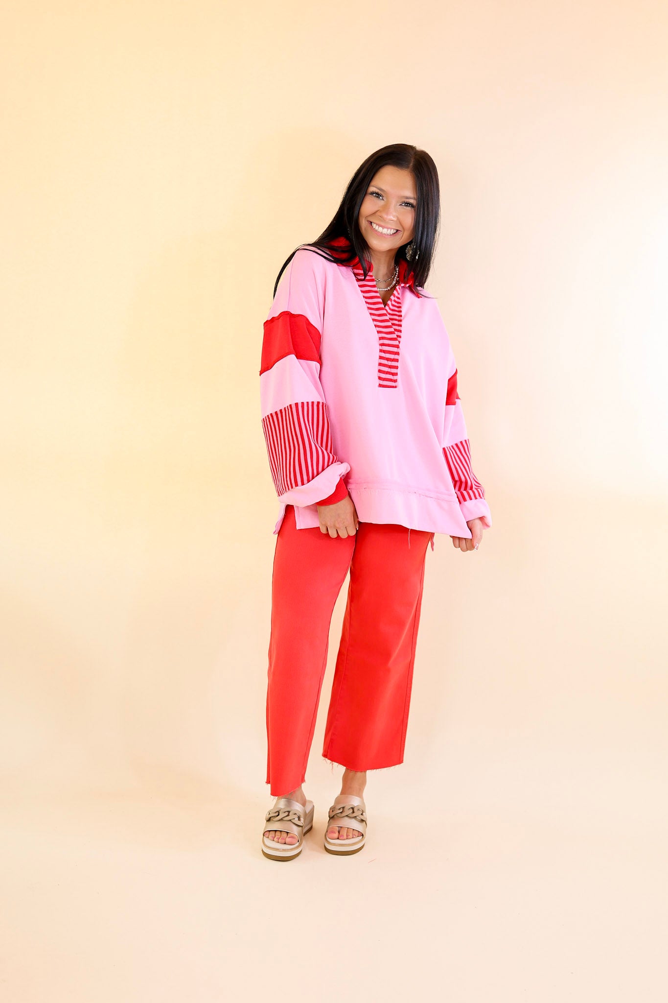 Chic Comfort Collared Long Sleeve Sweatshirt in Pink - Giddy Up Glamour Boutique