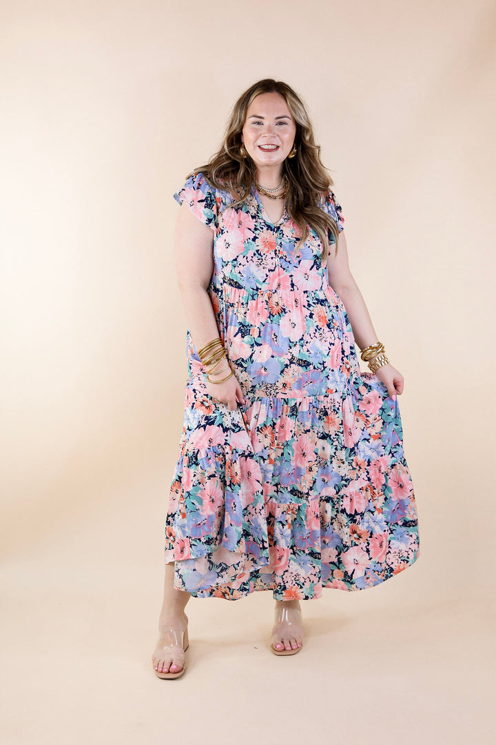 Strolling Down Sunset Floral Tiered Midi Dress in Pink and Blue Mix - Giddy Up Glamour Boutique