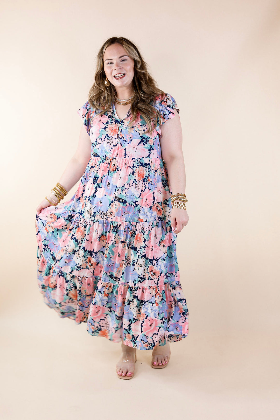 Strolling Down Sunset Floral Tiered Midi Dress in Pink and Blue Mix - Giddy Up Glamour Boutique