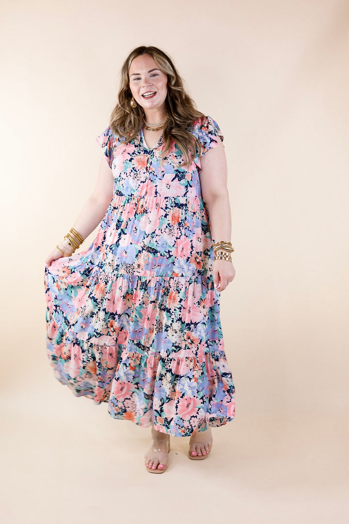 Strolling Down Sunset Floral Tiered Midi Dress in Pink and Blue Mix - Giddy Up Glamour Boutique