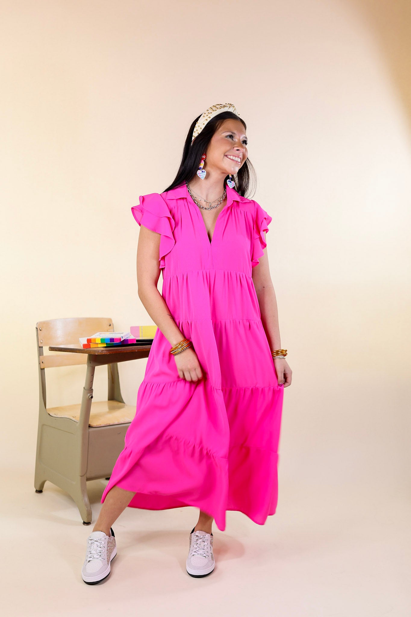 All Of A Sudden Tiered Midi Dress with Ruffle Cap Sleeves in Hot Pink