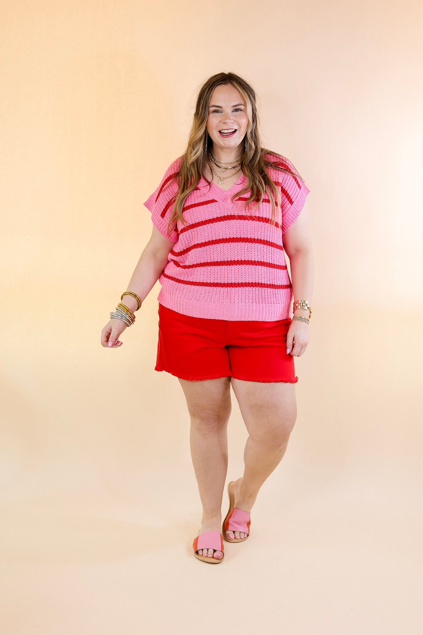 Cool Comfort Short Sleeve Striped Sweater in Pink and Red - Giddy Up Glamour Boutique