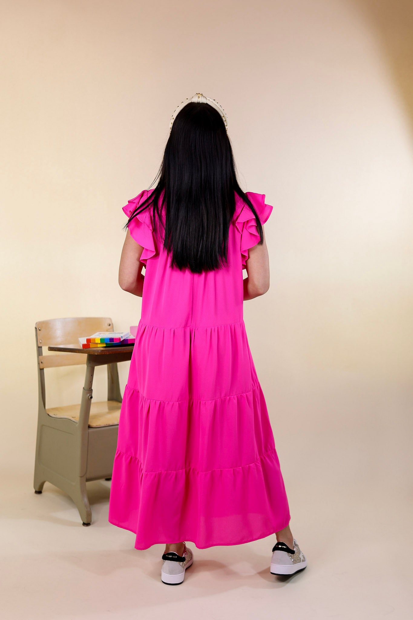 All Of A Sudden Tiered Midi Dress with Ruffle Cap Sleeves in Hot Pink