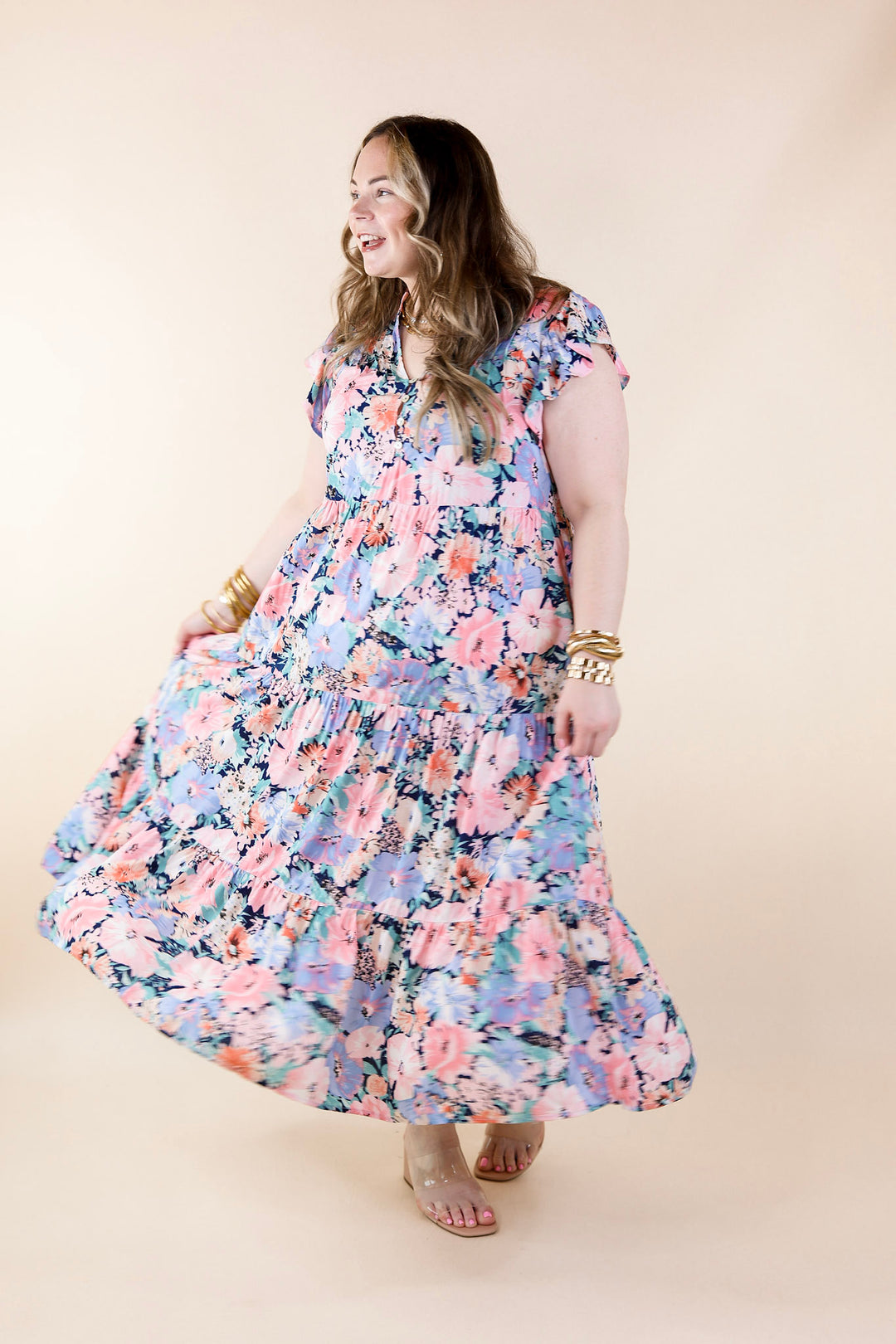 Strolling Down Sunset Floral Tiered Midi Dress in Pink and Blue Mix - Giddy Up Glamour Boutique