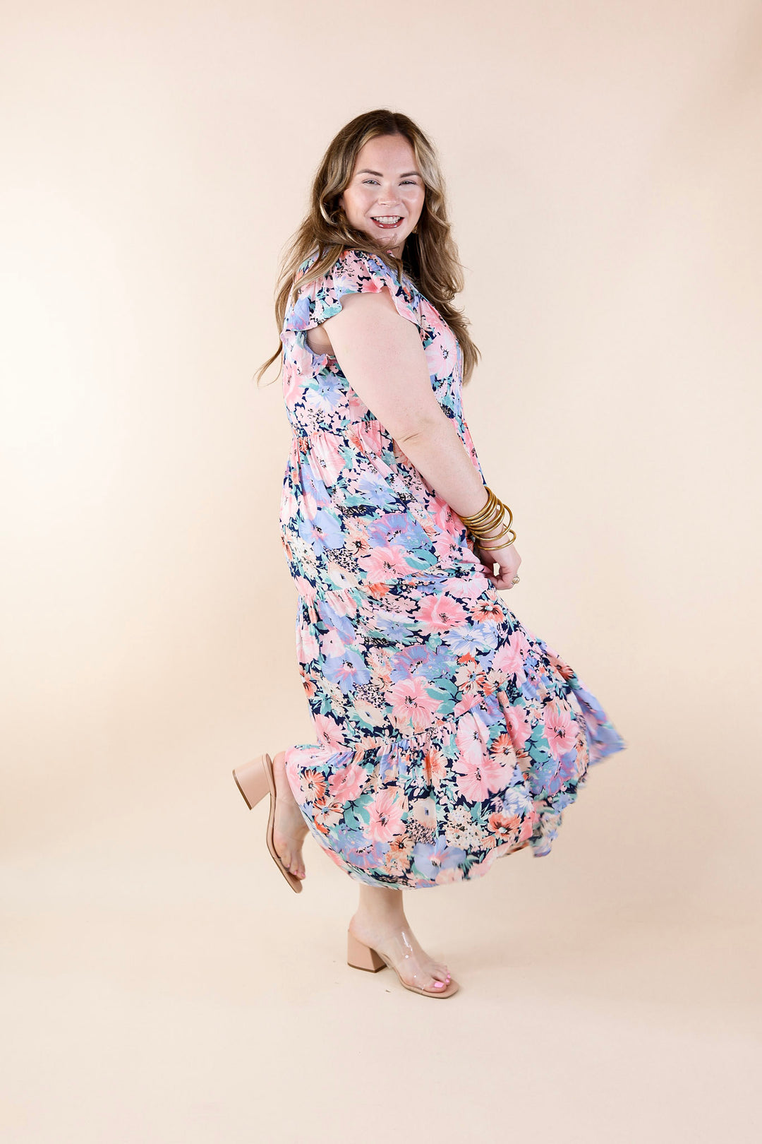 Strolling Down Sunset Floral Tiered Midi Dress in Pink and Blue Mix - Giddy Up Glamour Boutique
