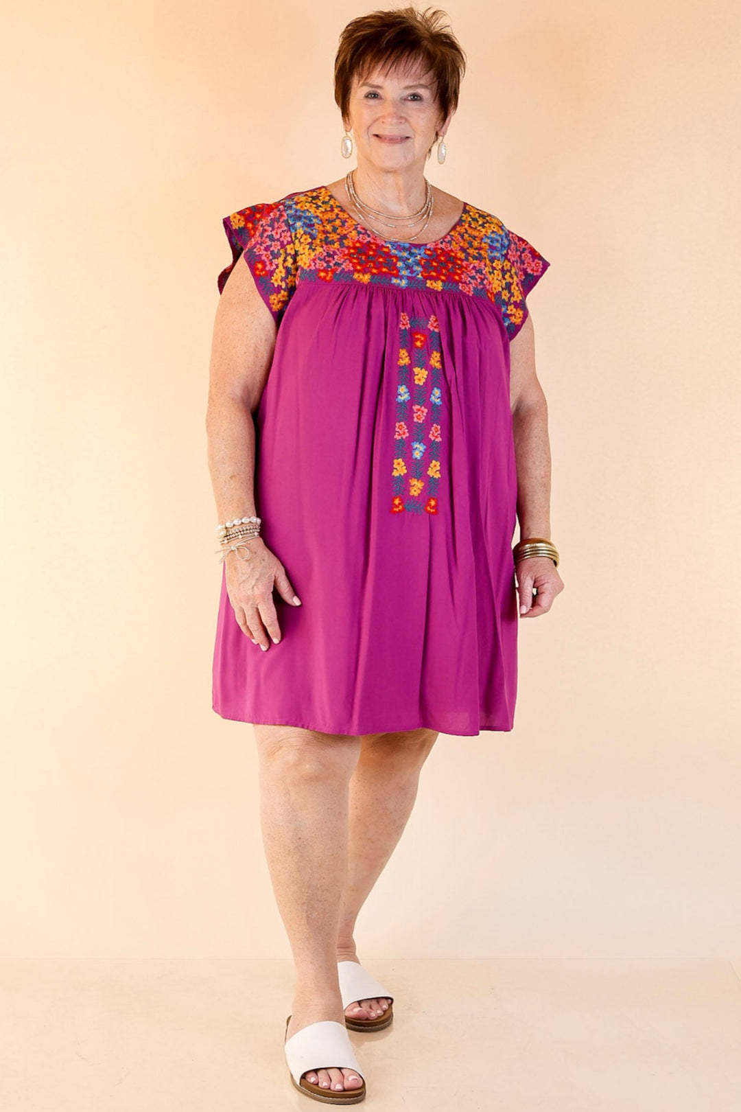 Headed For Happy Floral Embroidered Cap Sleeve Dress in Magenta Purple