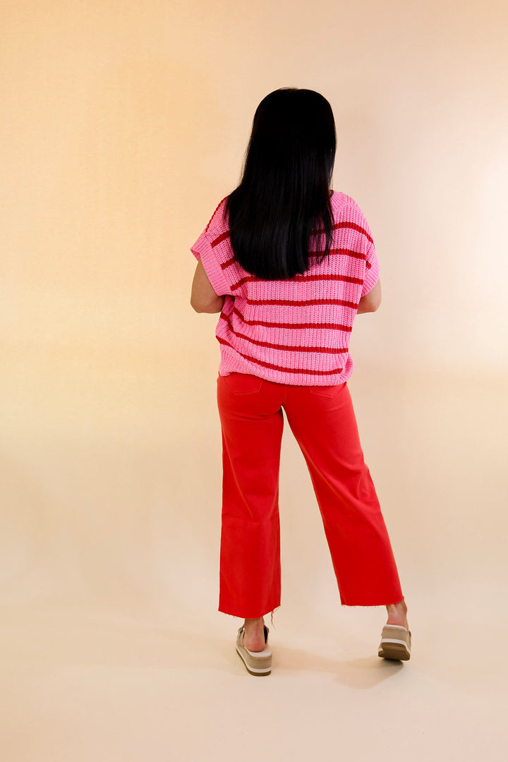 Cool Comfort Short Sleeve Striped Sweater in Pink and Red - Giddy Up Glamour Boutique