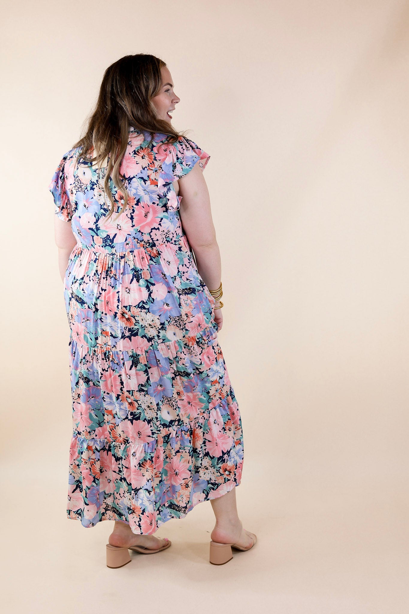 Strolling Down Sunset Floral Tiered Midi Dress in Pink and Blue Mix - Giddy Up Glamour Boutique