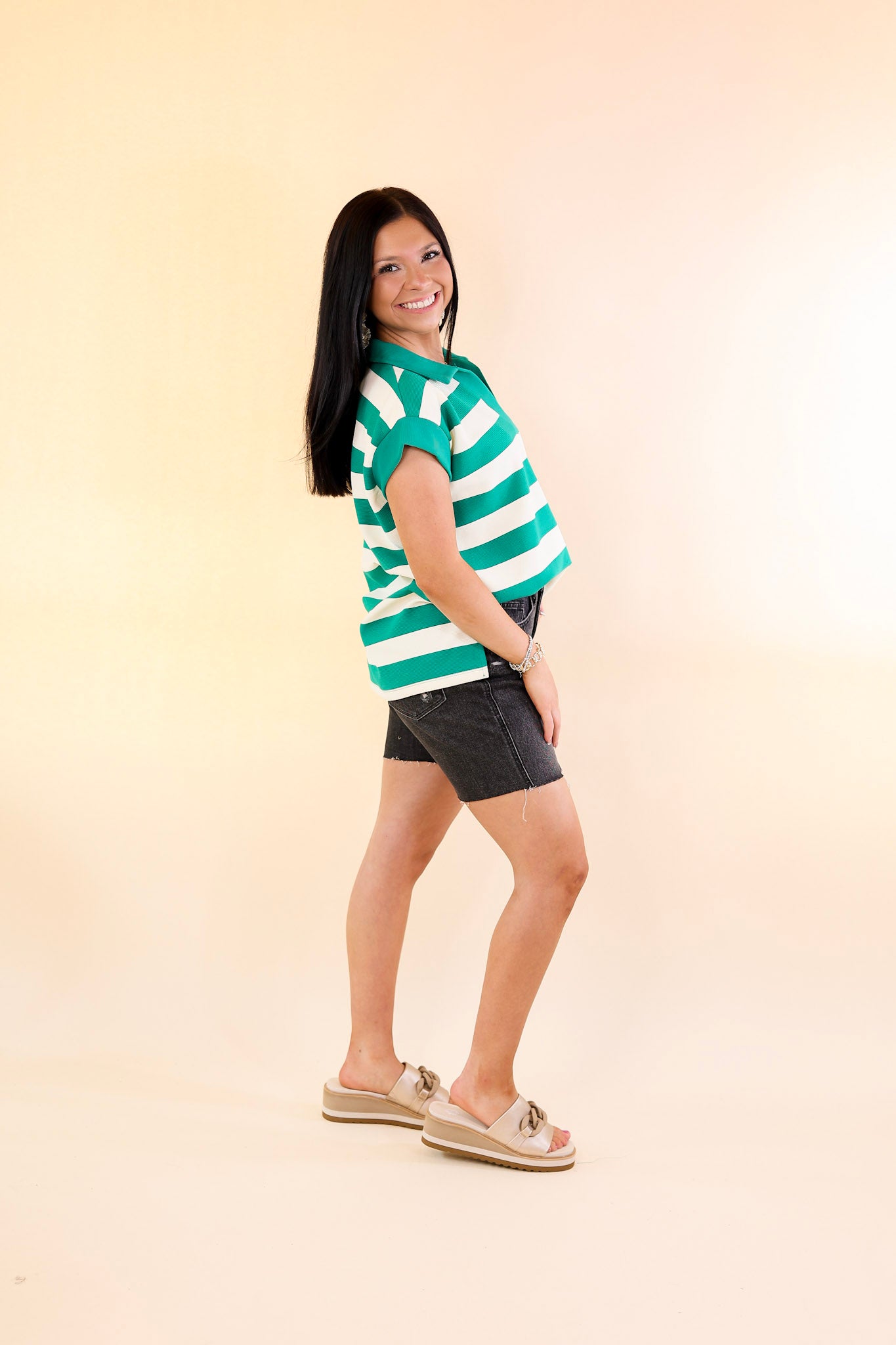 Stripe it Simple Collared Stripe Top with Drop Sleeves in Green and Cream - Giddy Up Glamour Boutique