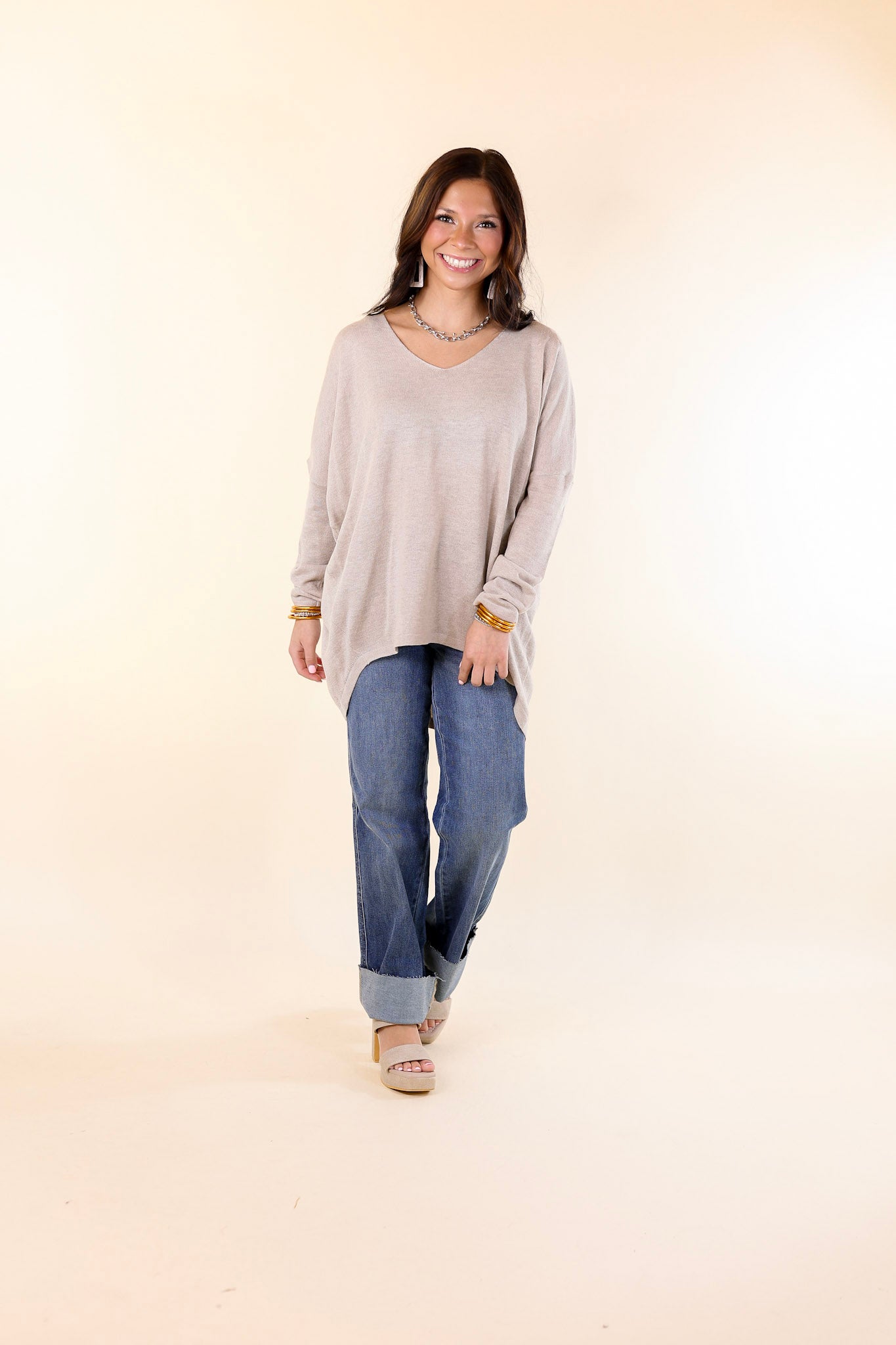 Sweater Weather Lightweight V Neck Sweater in Oyster Beige