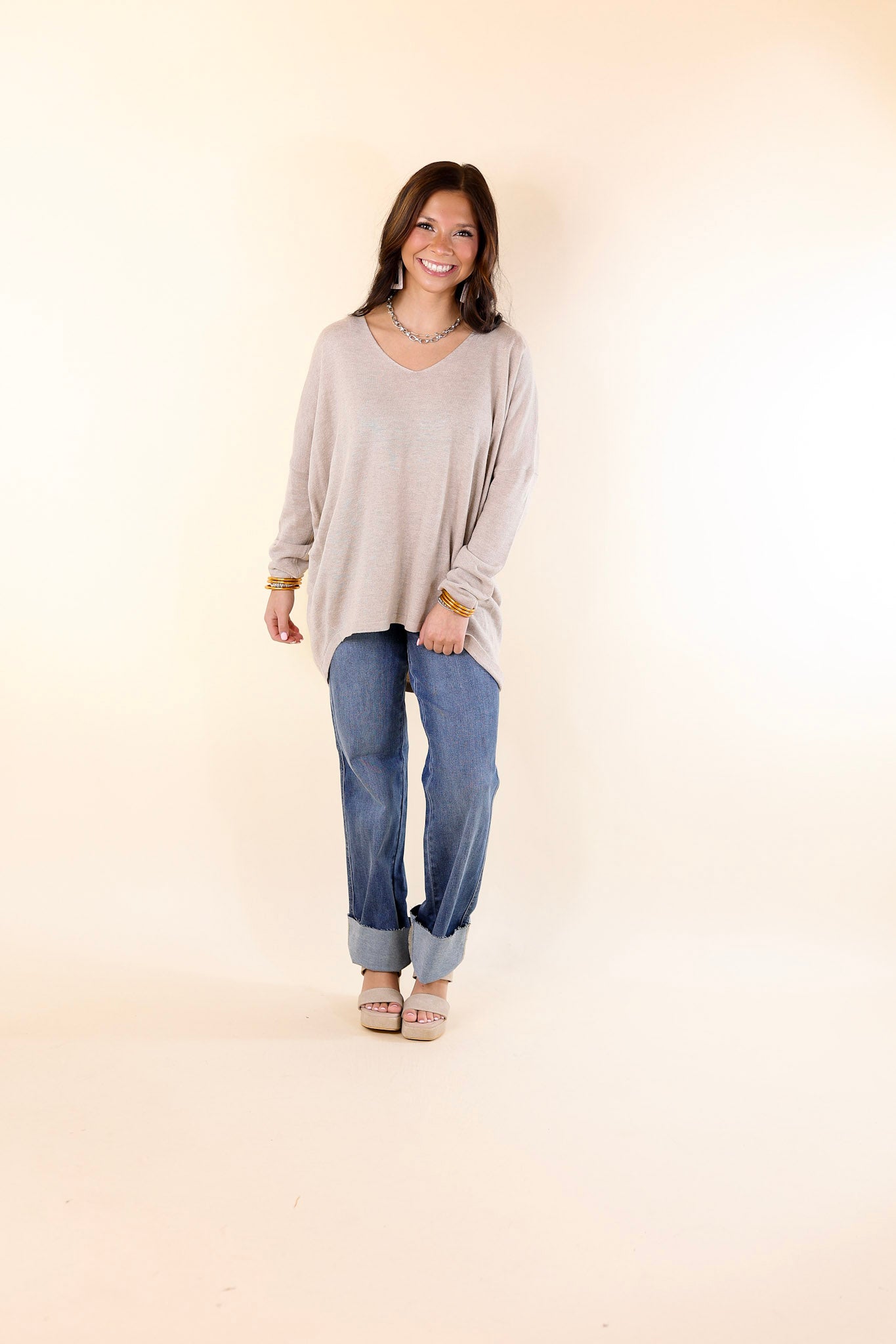 Sweater Weather Lightweight V Neck Sweater in Oyster Beige