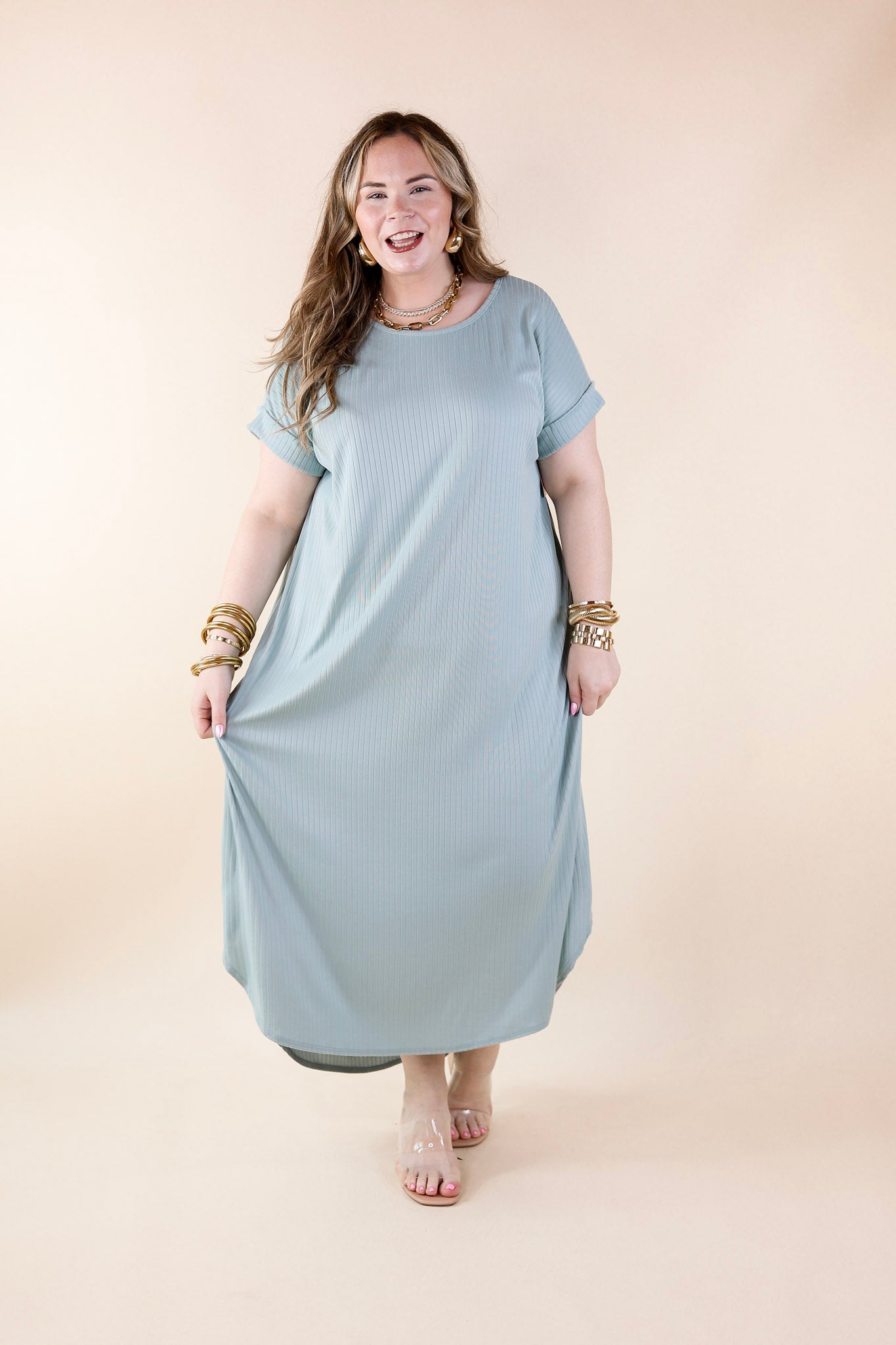Chill Looks Short Sleeve Ribbed Midi Dress in Sage Green - Giddy Up Glamour Boutique