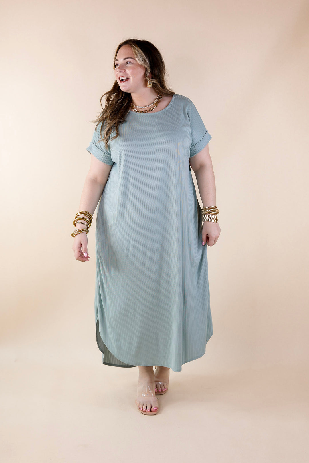 Chill Looks Short Sleeve Ribbed Midi Dress in Sage Green - Giddy Up Glamour Boutique