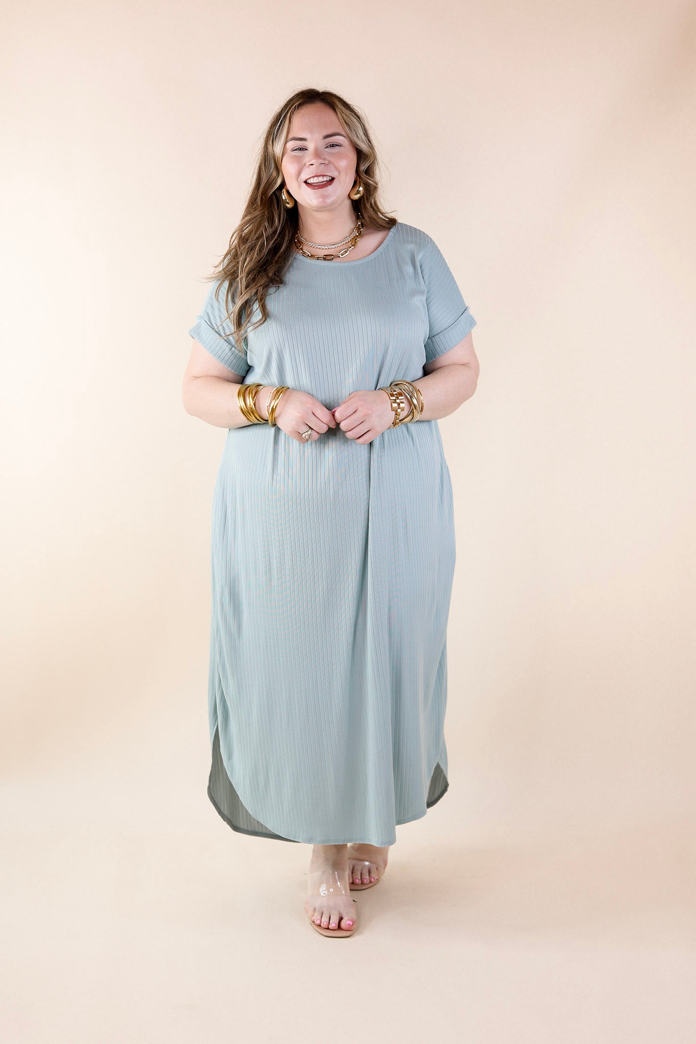 Chill Looks Short Sleeve Ribbed Midi Dress in Sage Green - Giddy Up Glamour Boutique