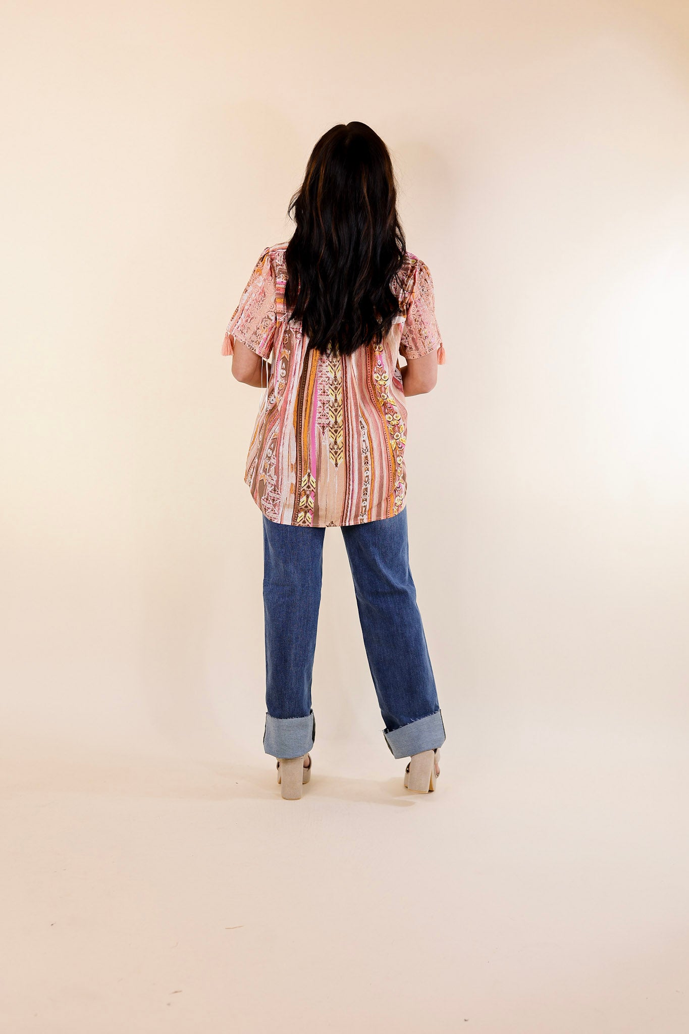 Sweet And Charming Striped Top with Floral Print Embroidery in Dusty Pink Mix