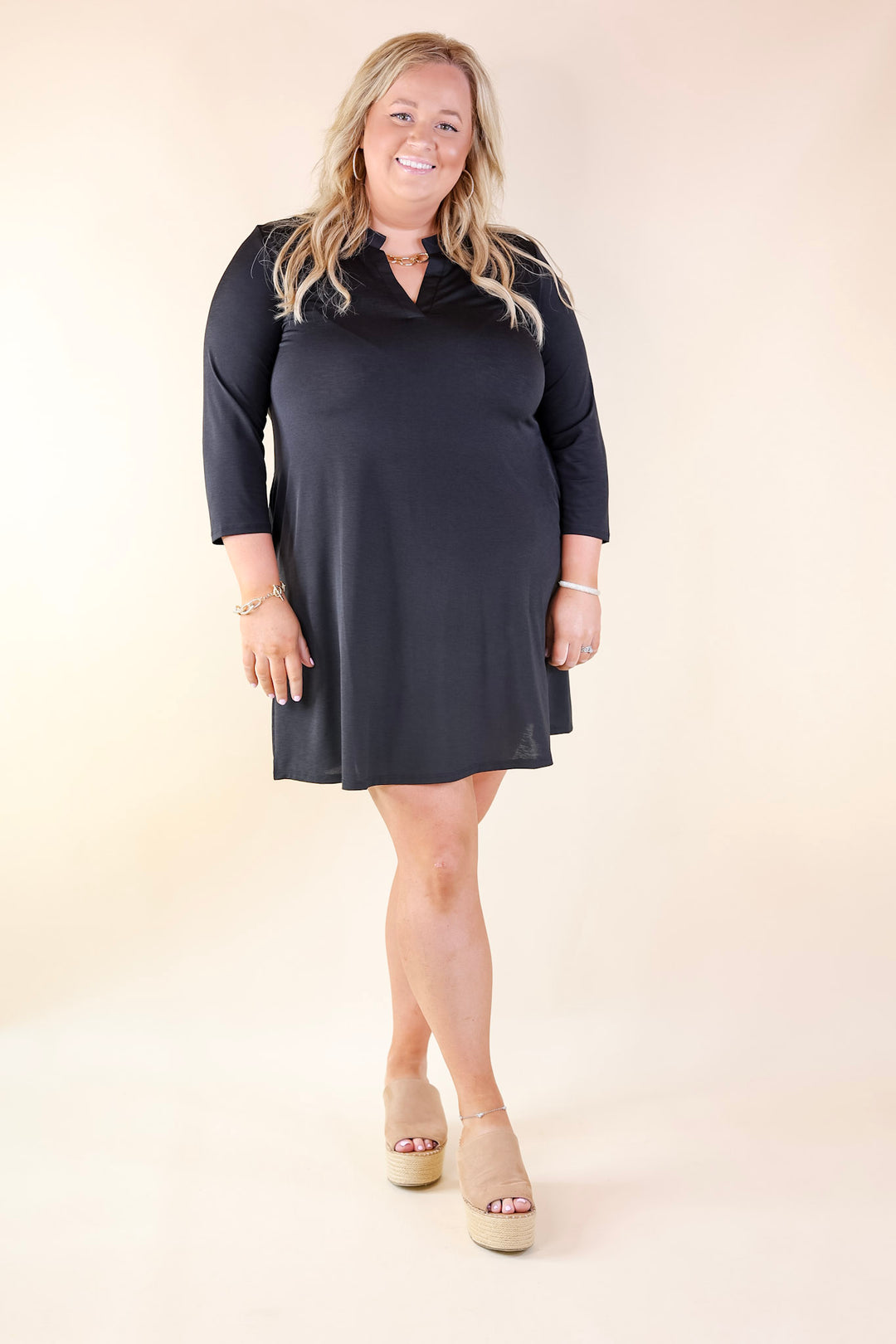 Best Discovery 3/4 Sleeve Mandarin Collar Dress in Black - Giddy Up Glamour Boutique