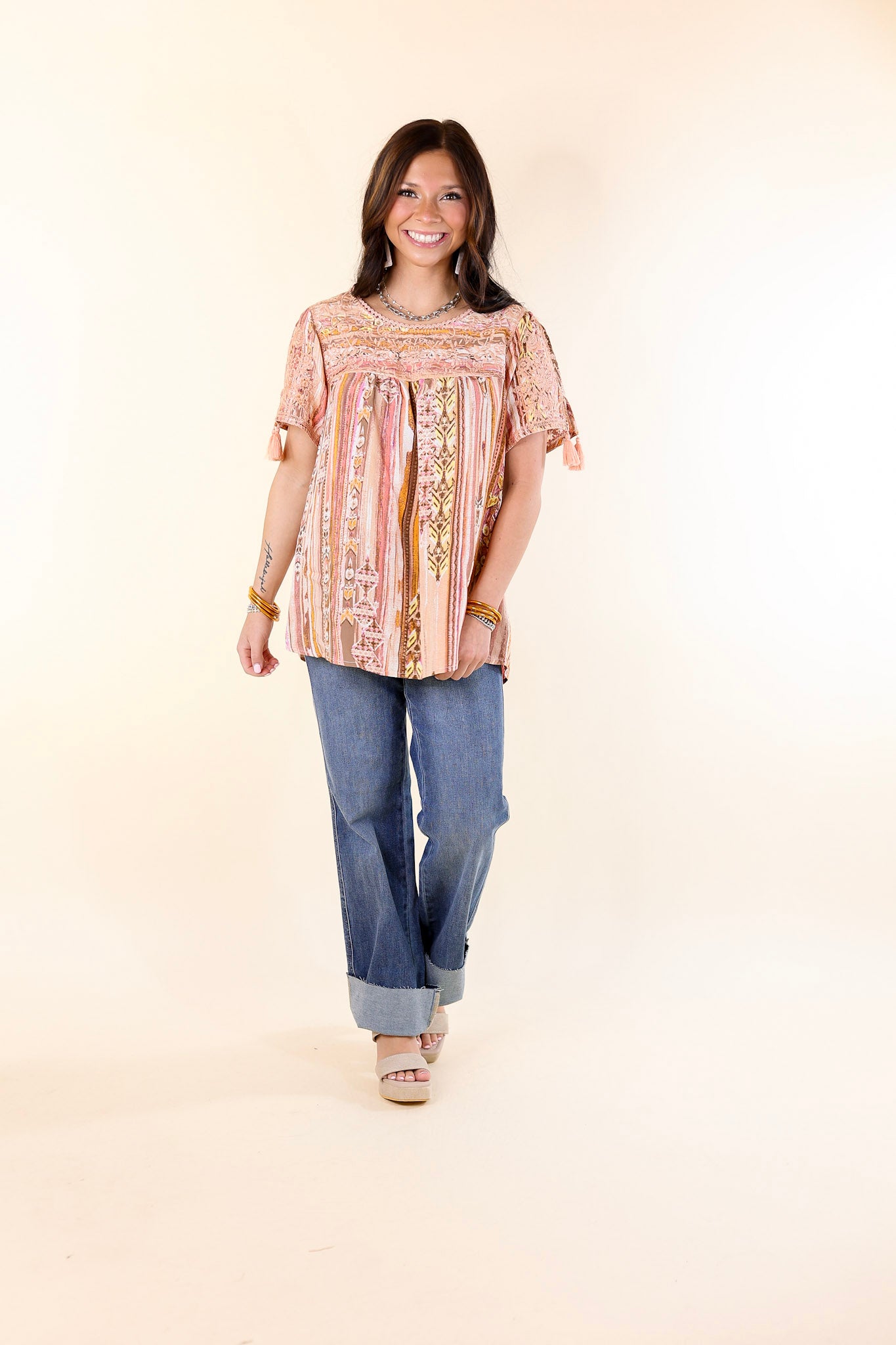 Sweet And Charming Striped Top with Floral Print Embroidery in Dusty Pink Mix