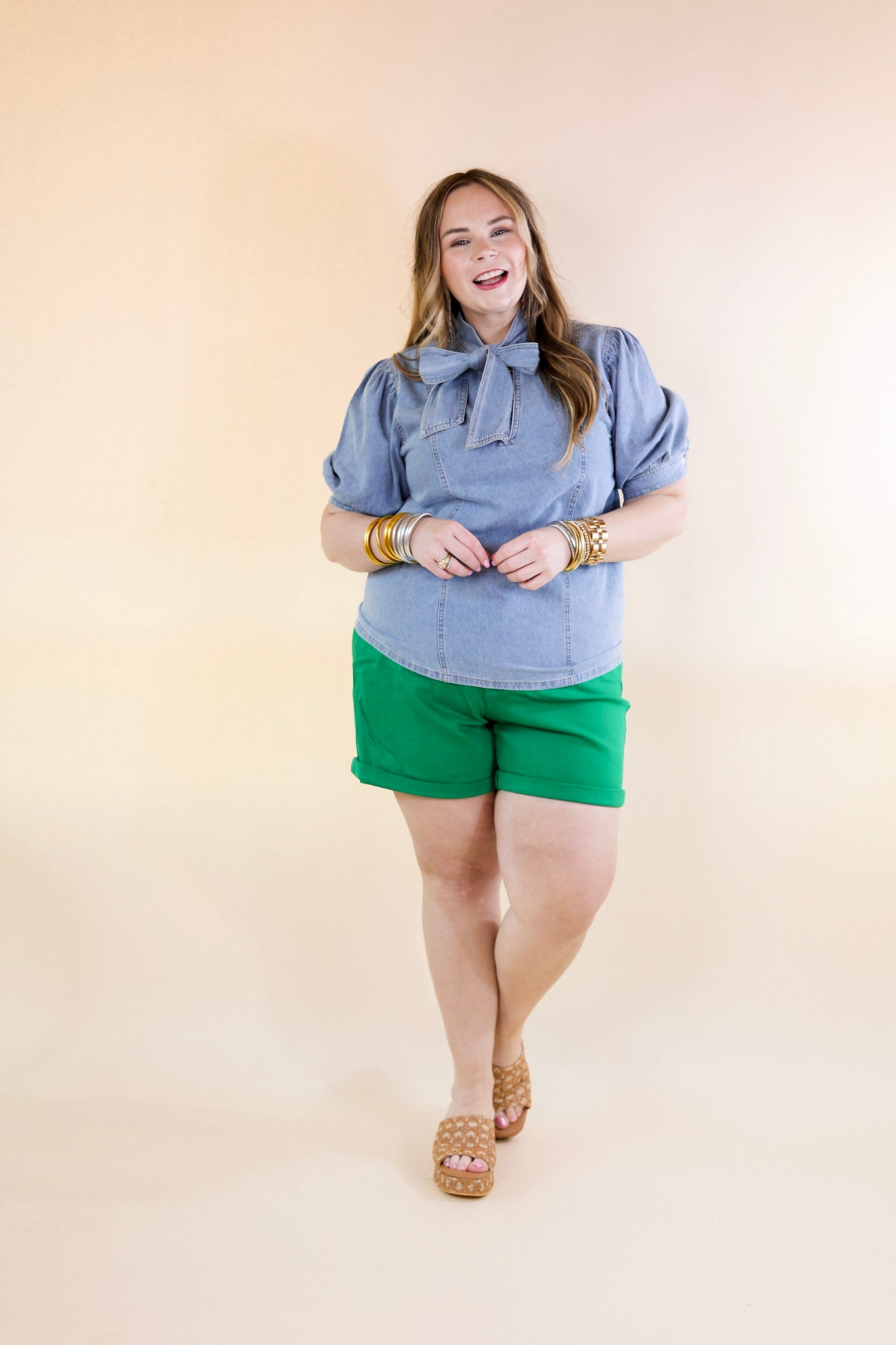 Steal the Show Denim Mock Neck Short Sleeve Top in Light Wash - Giddy Up Glamour Boutique