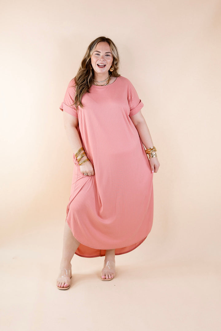 Chill Looks Short Sleeve Ribbed Midi Dress in Peach Pink - Giddy Up Glamour Boutique