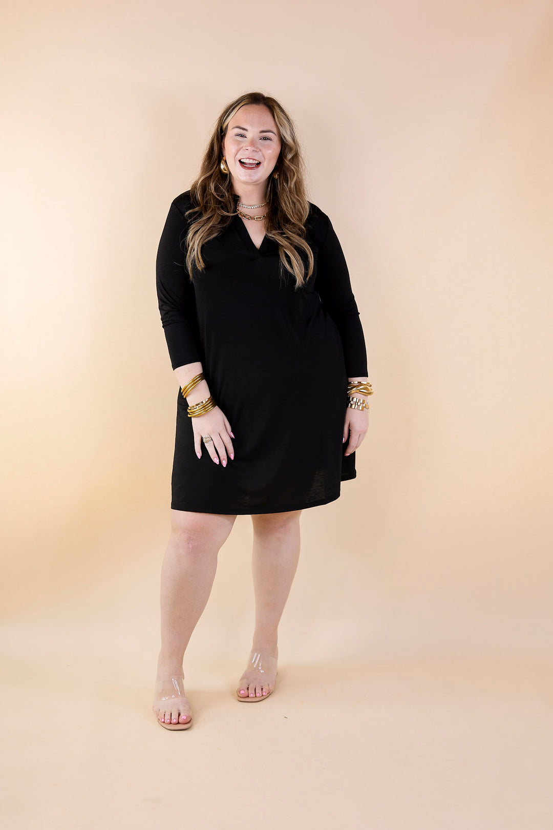 Best Discovery 3/4 Sleeve Mandarin Collar Dress in Black - Giddy Up Glamour Boutique