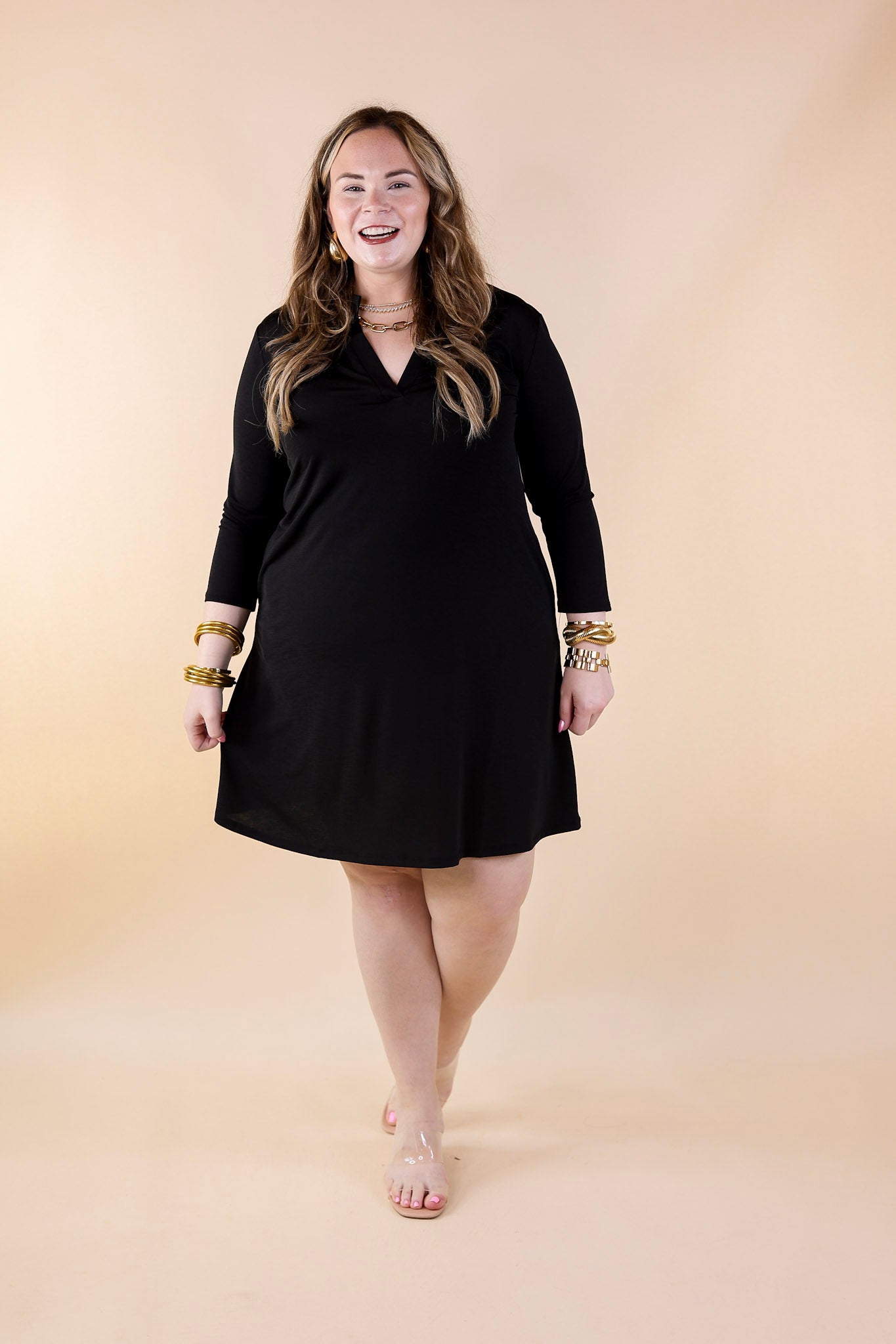 Best Discovery 3/4 Sleeve Mandarin Collar Dress in Black - Giddy Up Glamour Boutique