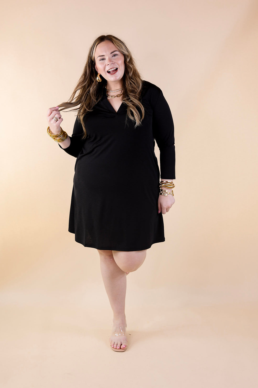 Best Discovery 3/4 Sleeve Mandarin Collar Dress in Black - Giddy Up Glamour Boutique