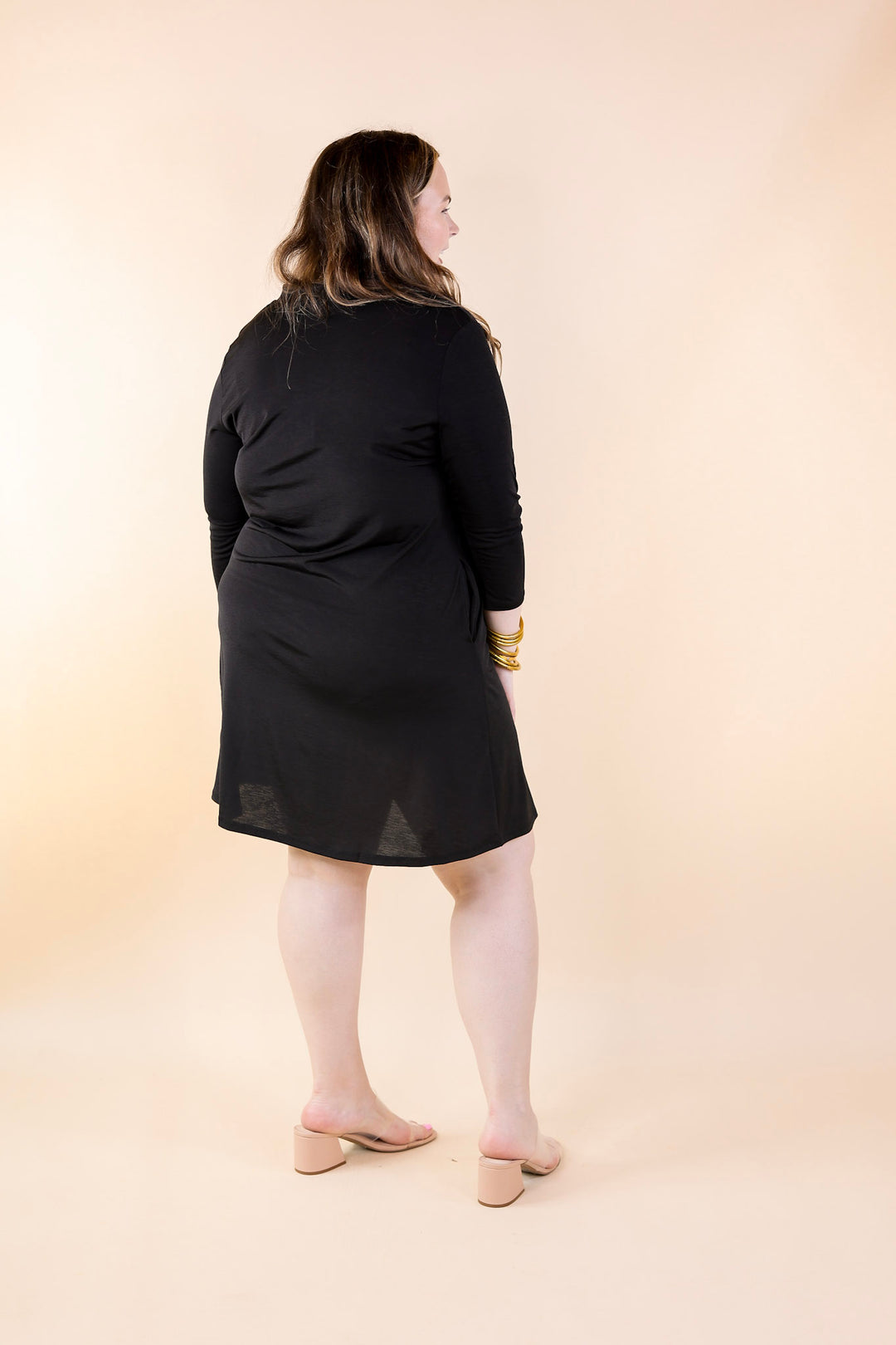 Best Discovery 3/4 Sleeve Mandarin Collar Dress in Black - Giddy Up Glamour Boutique