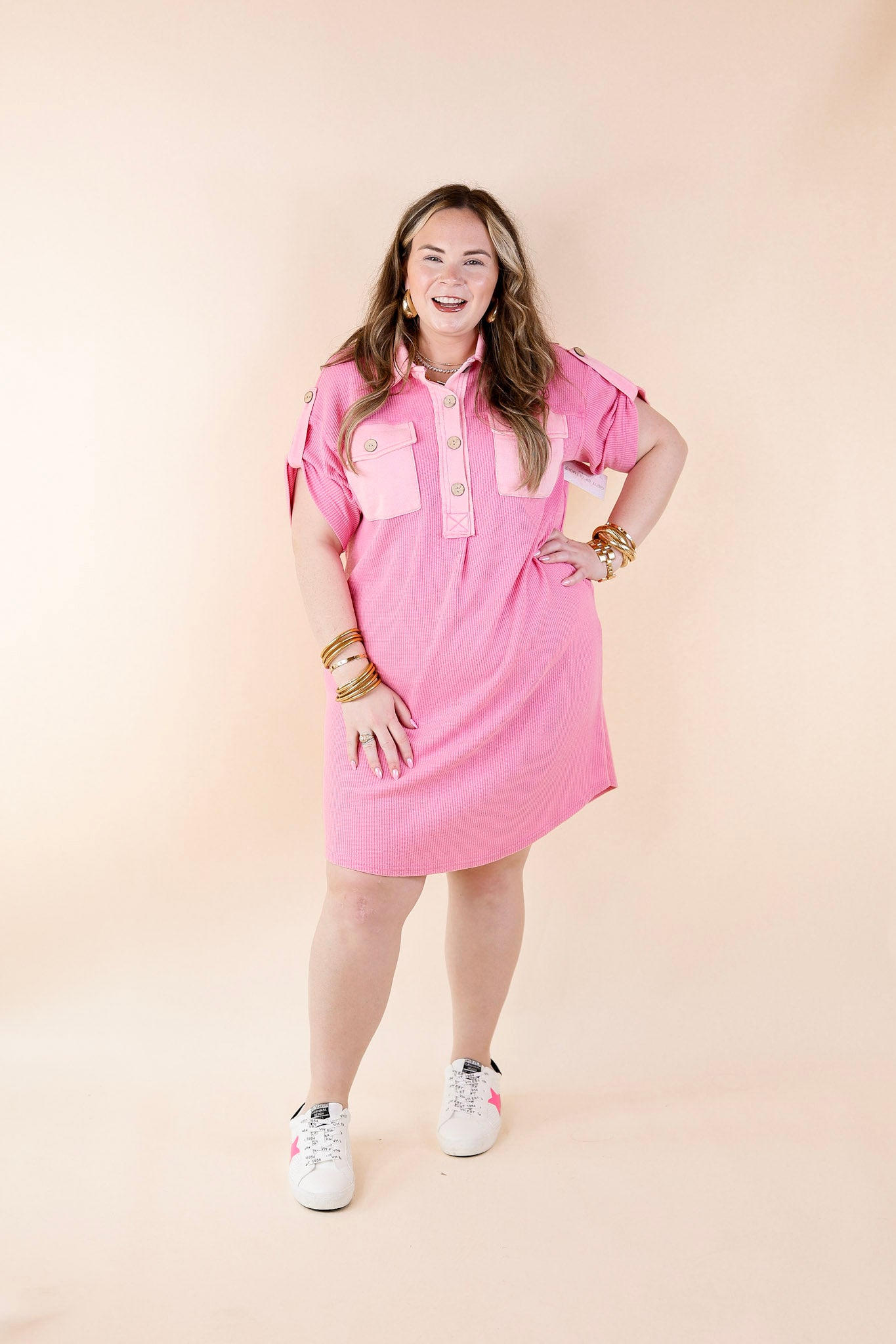 Vibe Check Waffle Knit Collared Dress in Pink - Giddy Up Glamour Boutique